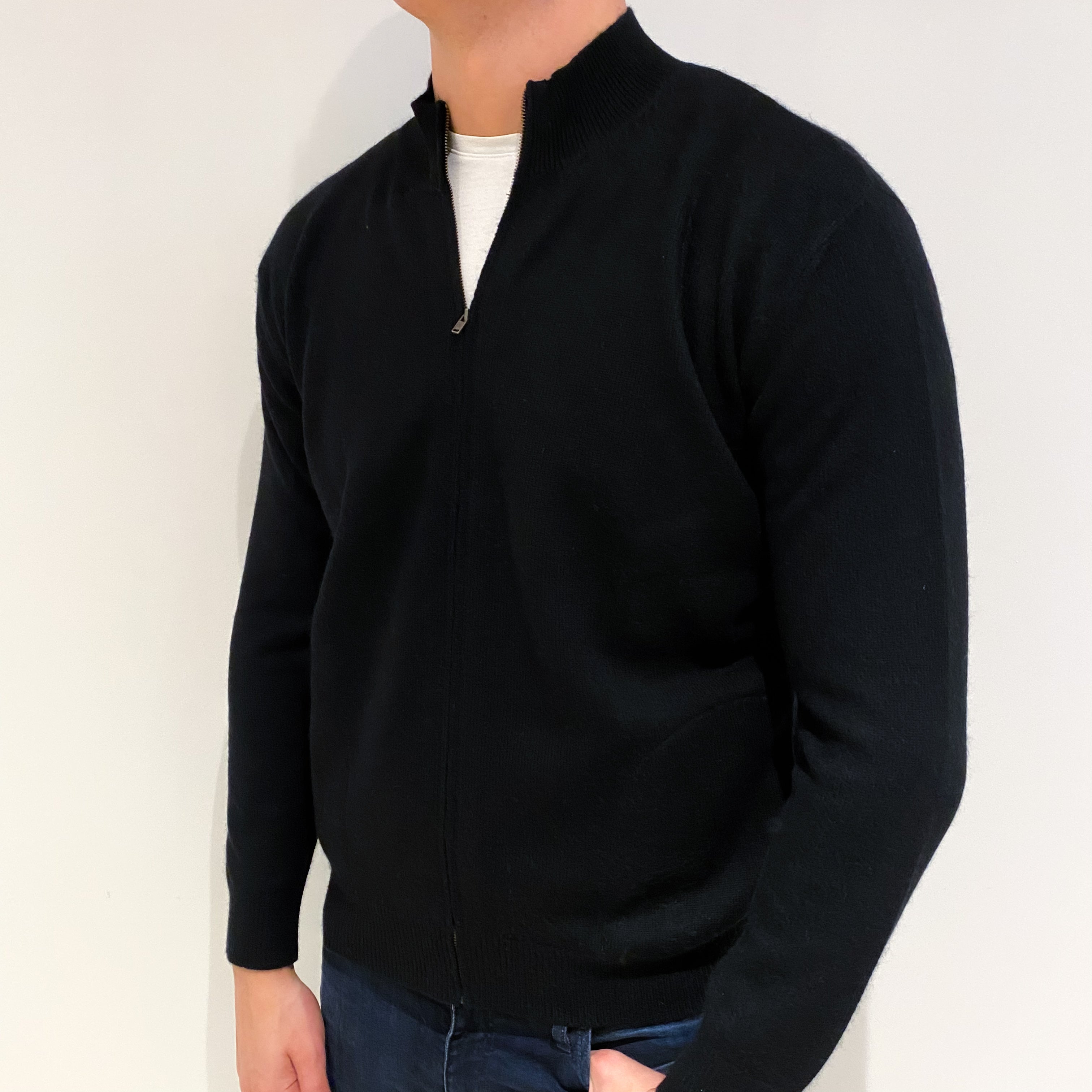 Men's Black Cashmere 1/4 Zip Neck Cardigan XL
