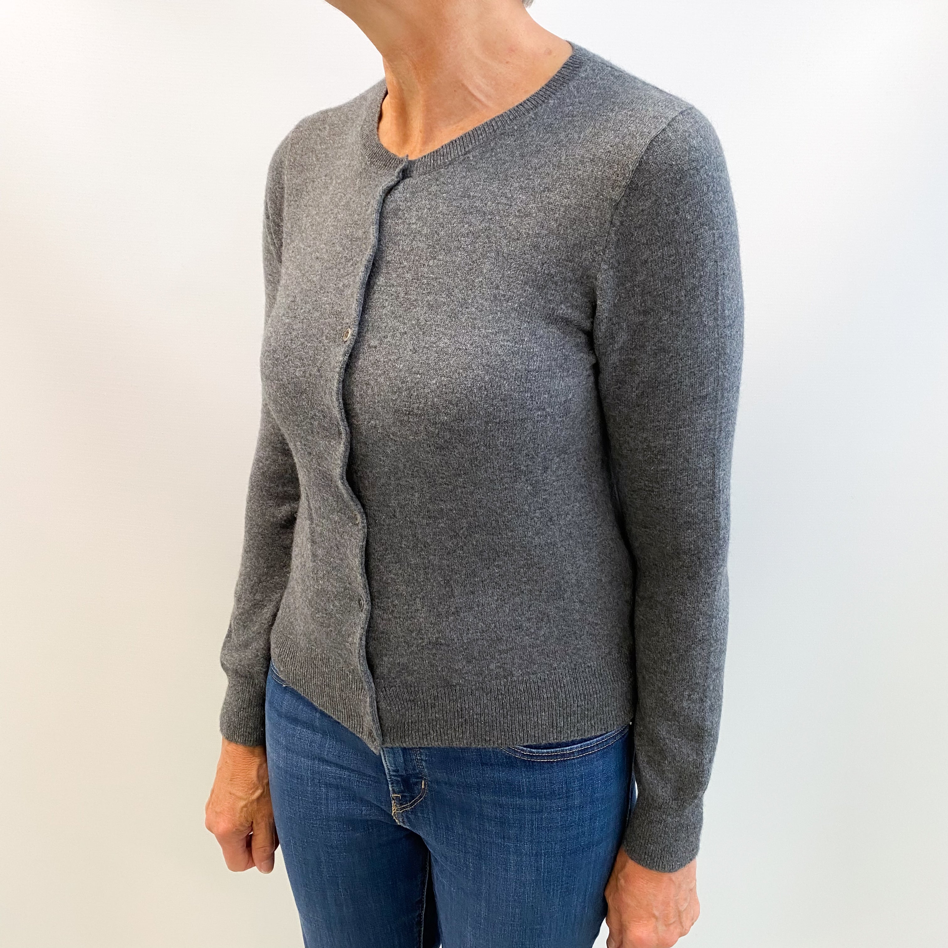 Slate Grey Cashmere Crew Neck Cardigan Medium