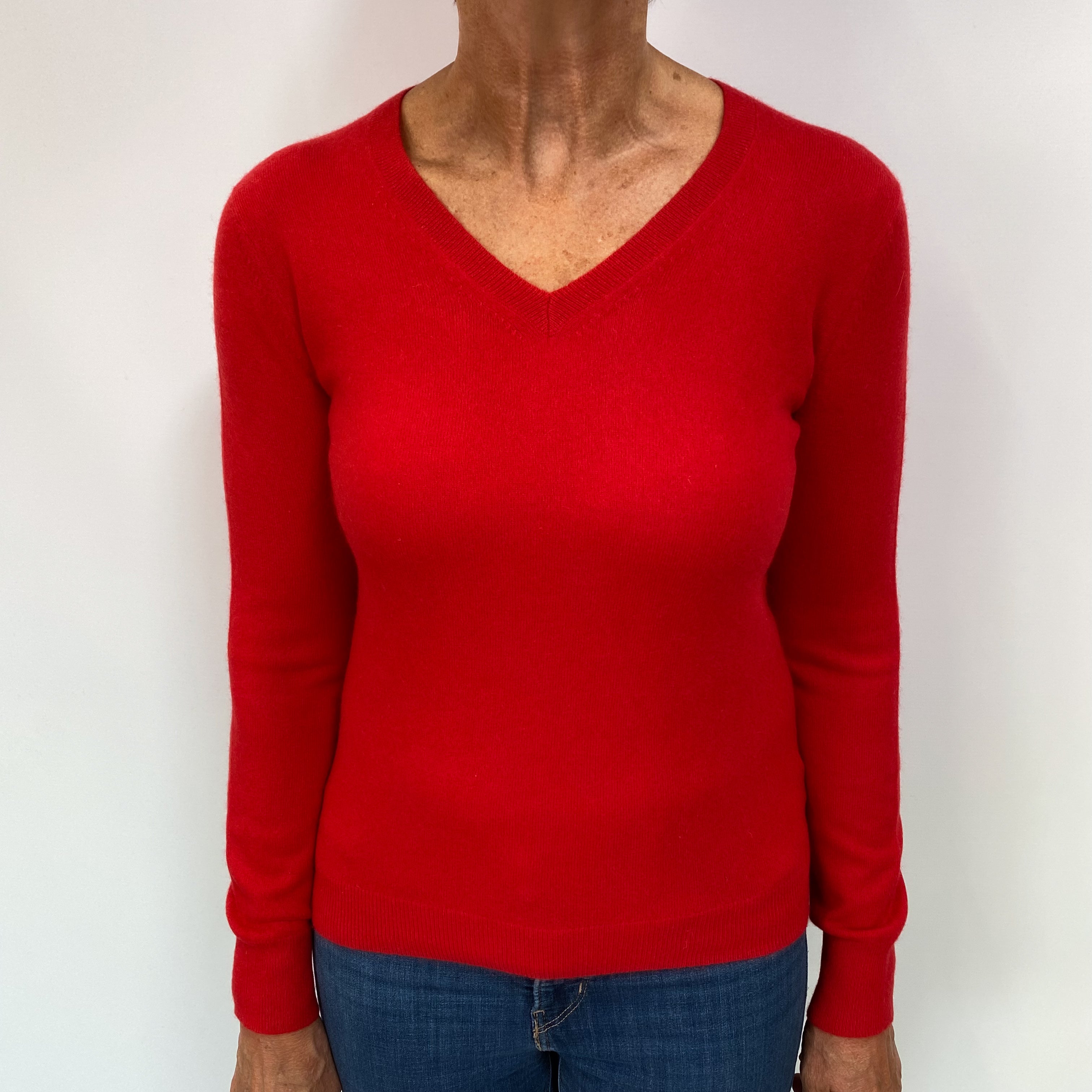 Tomato Red Cashmere V Neck Jumper Medium