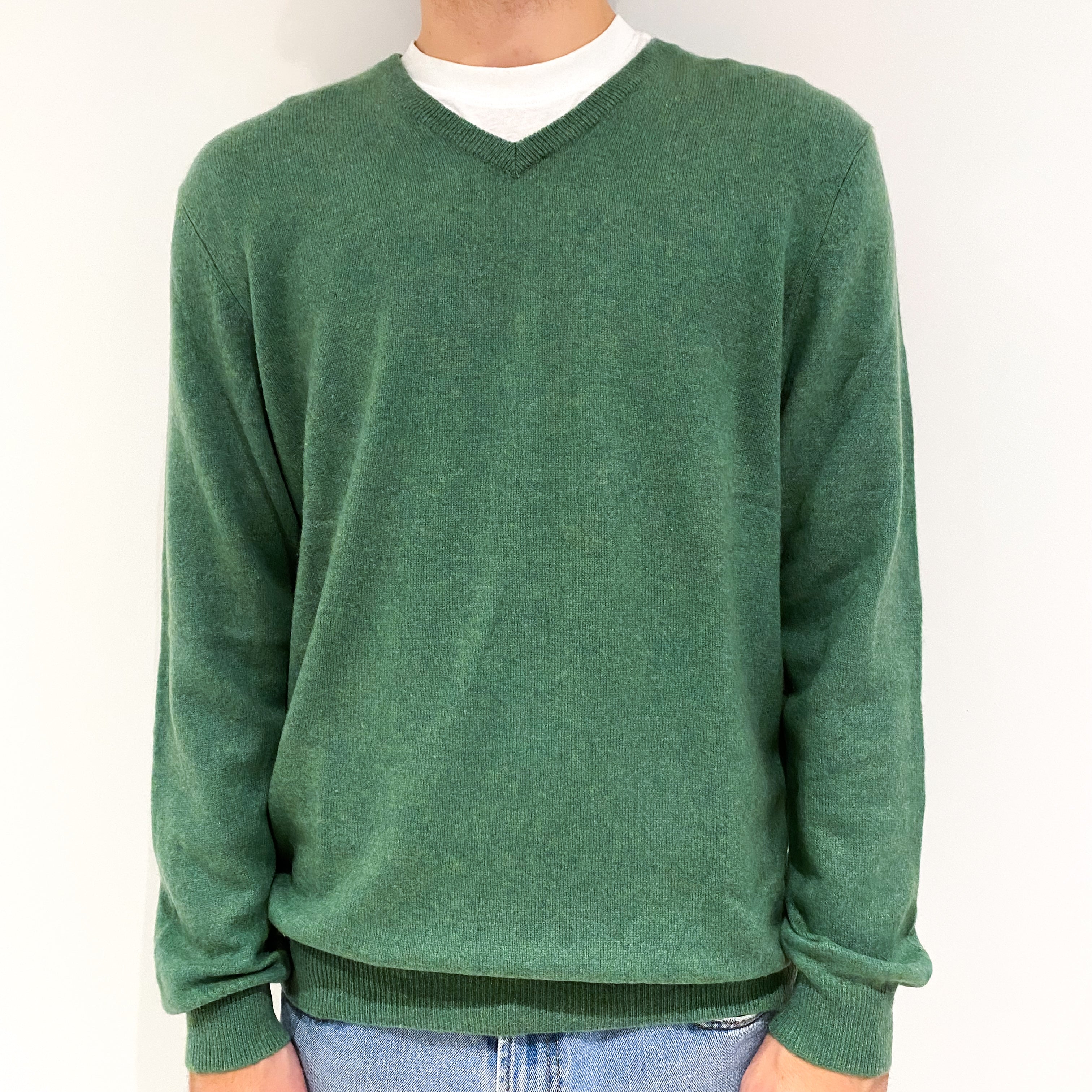Men's apes Green Cashmere V-Neck Jumper Large