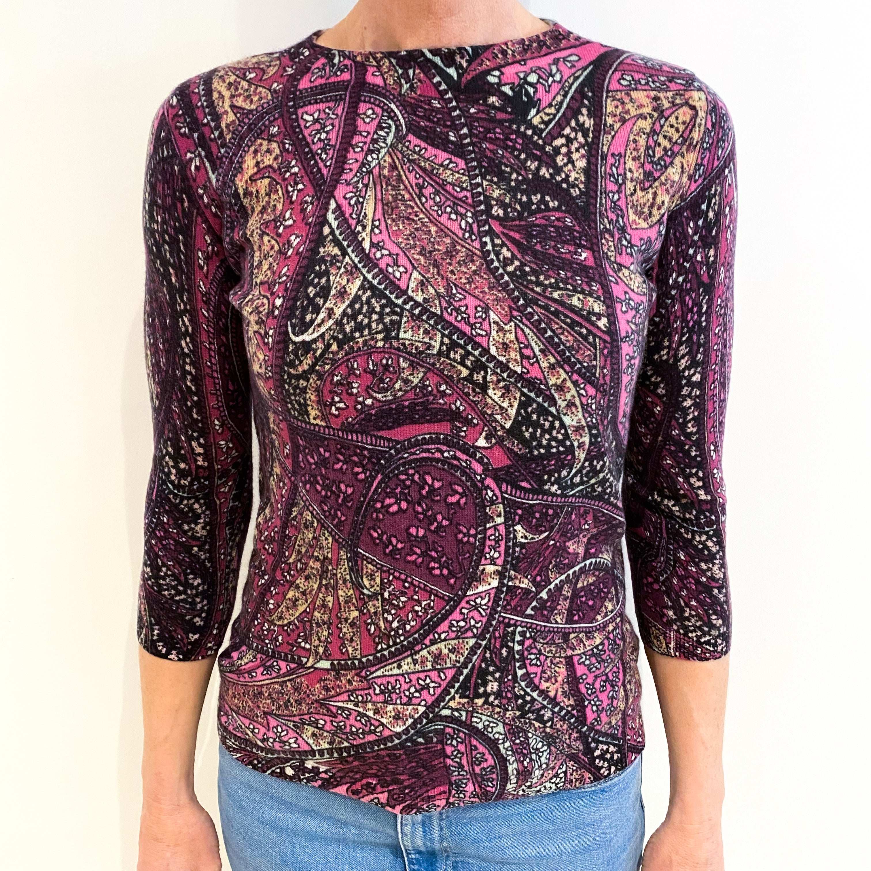 Purple Paisley Cashmere Crew Neck Jumper Small