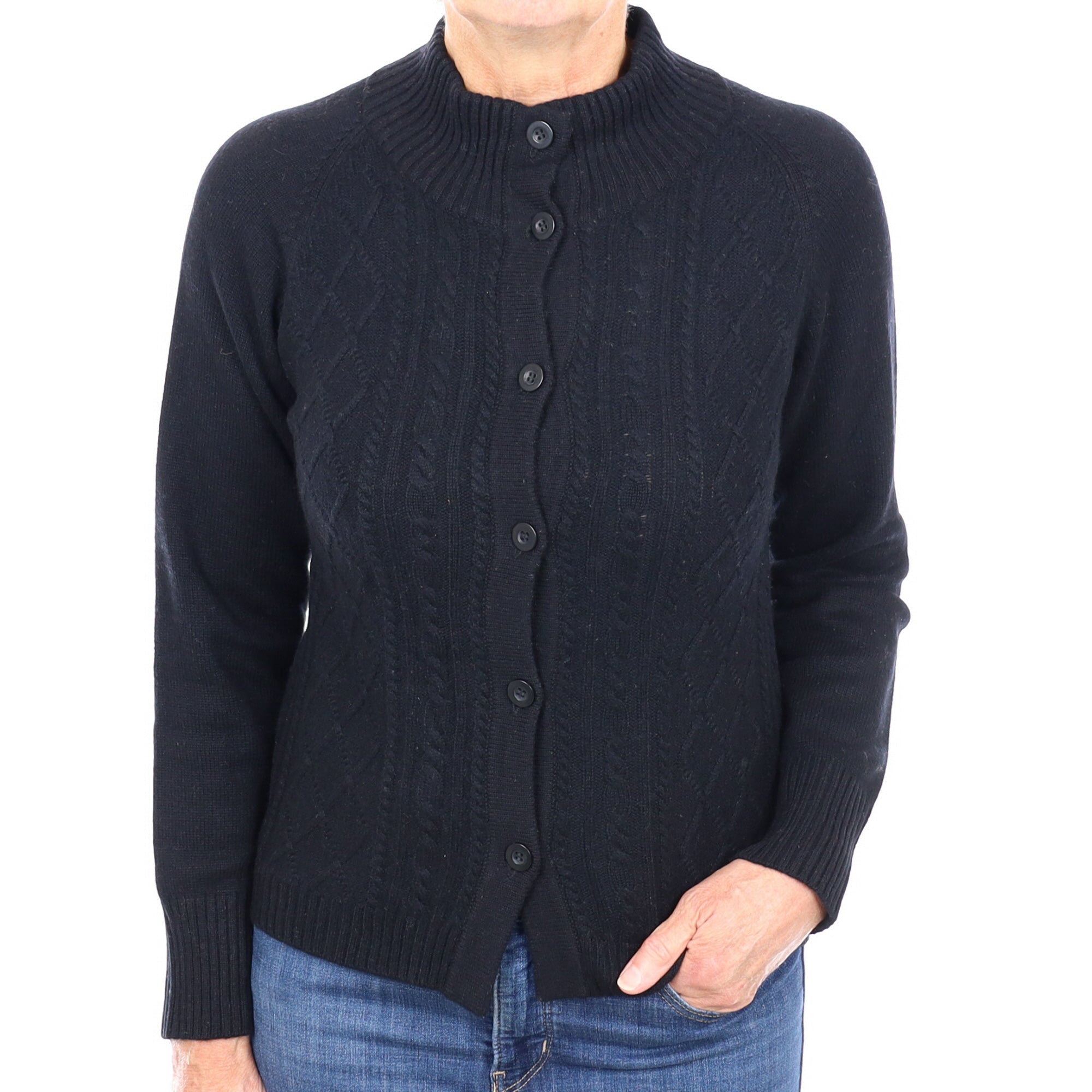 Black Cable Cashmere Turtle Neck Cardigan Medium
