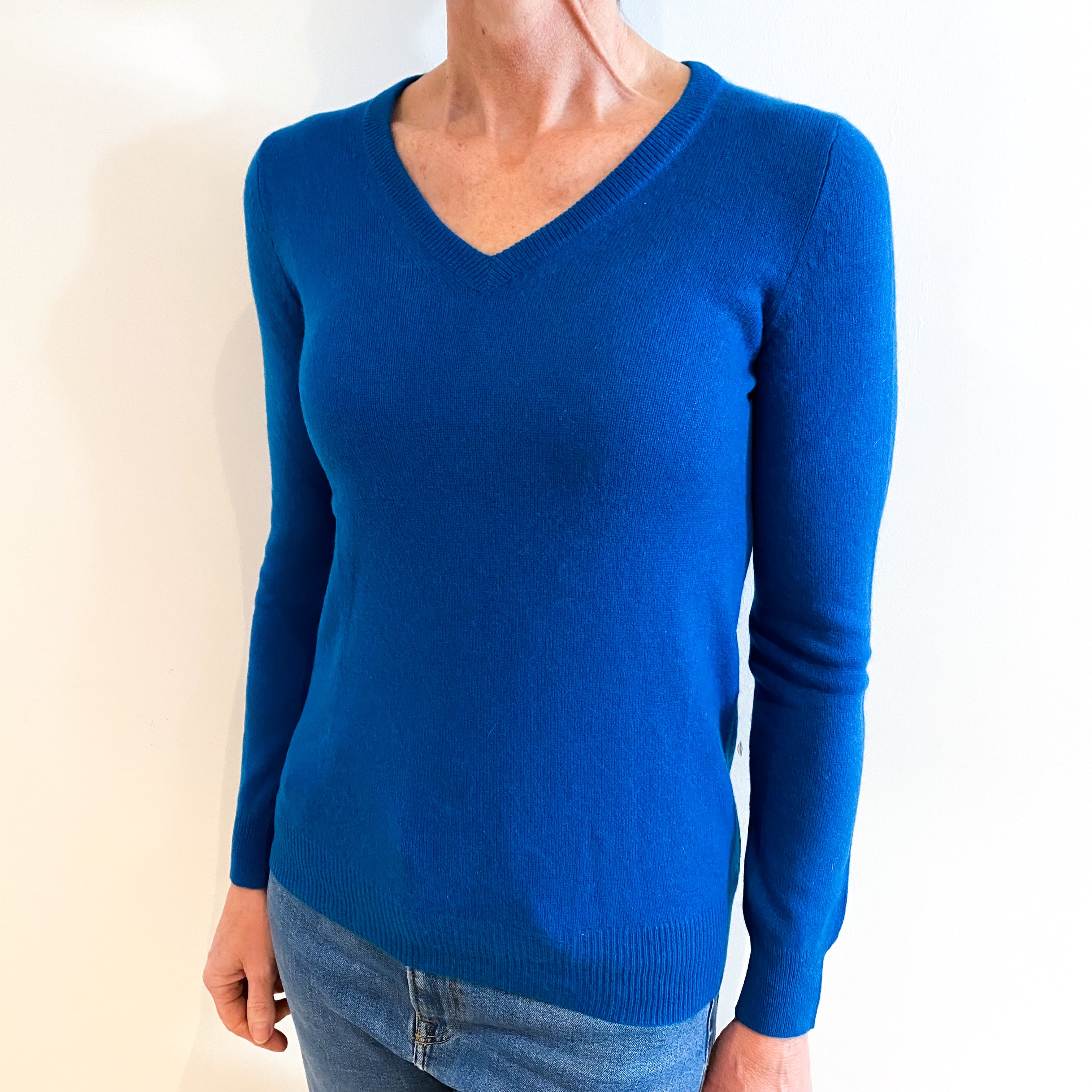 Peacock Blue Cashmere V Neck Jumper Small