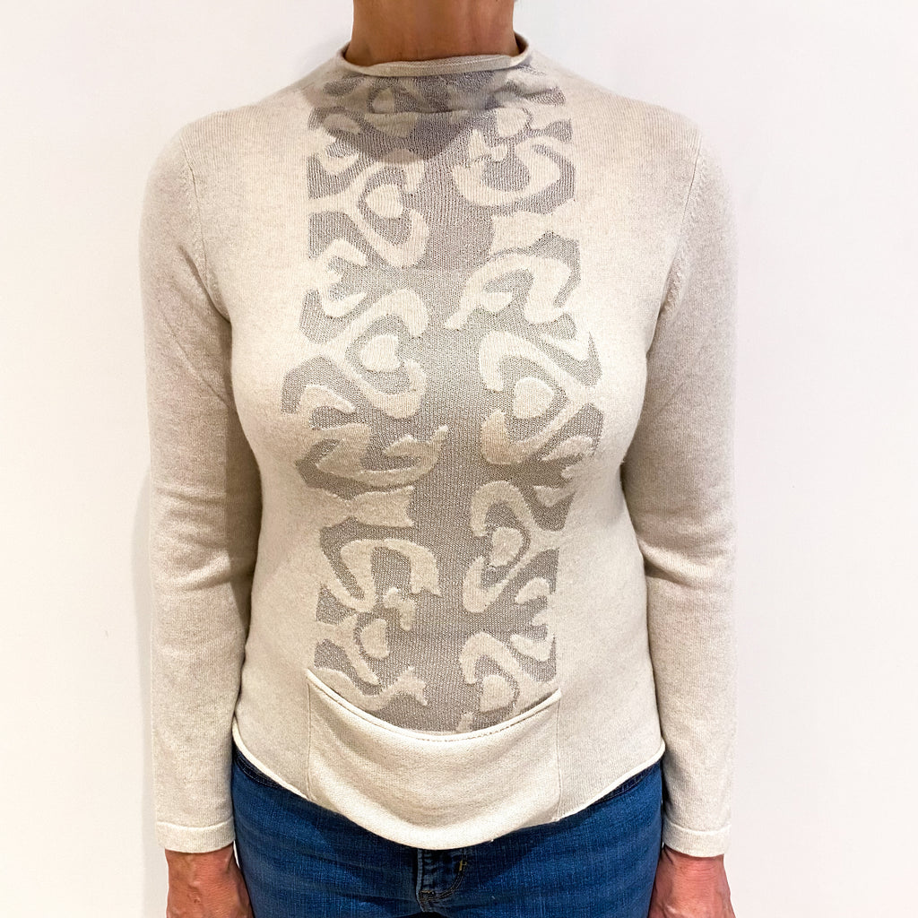 Alabaster Beige With Silver Thread Design Cashmere Polo Neck Jumper Medium