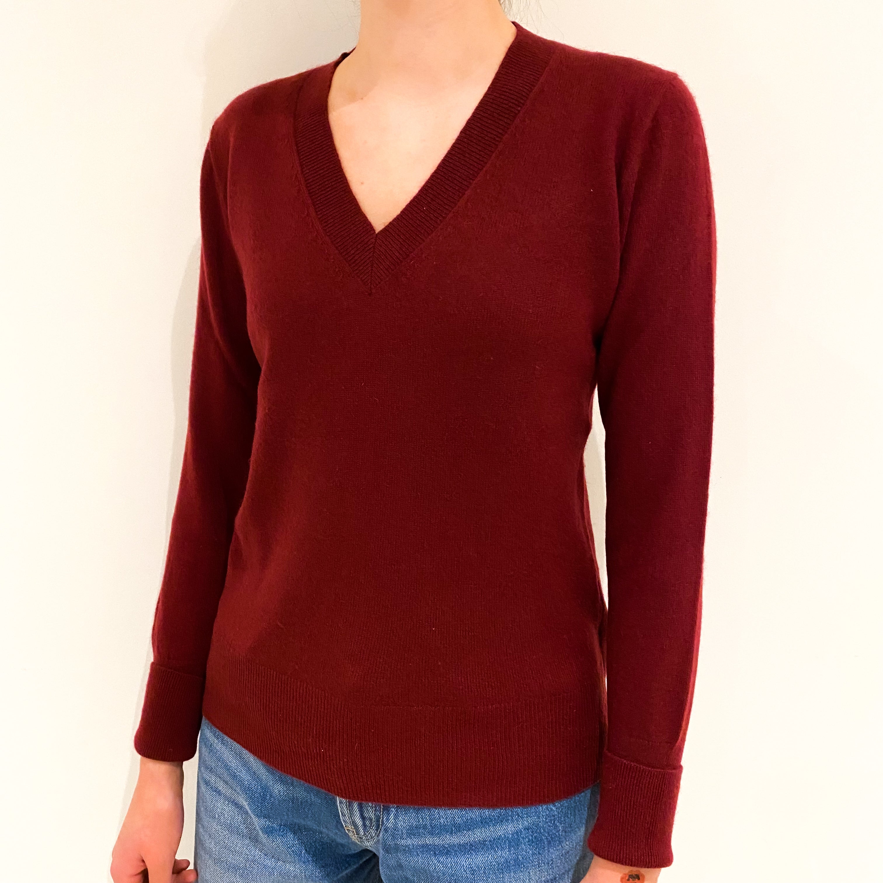 Burgundy Red Cashmere V-Neck Jumper Extra Small