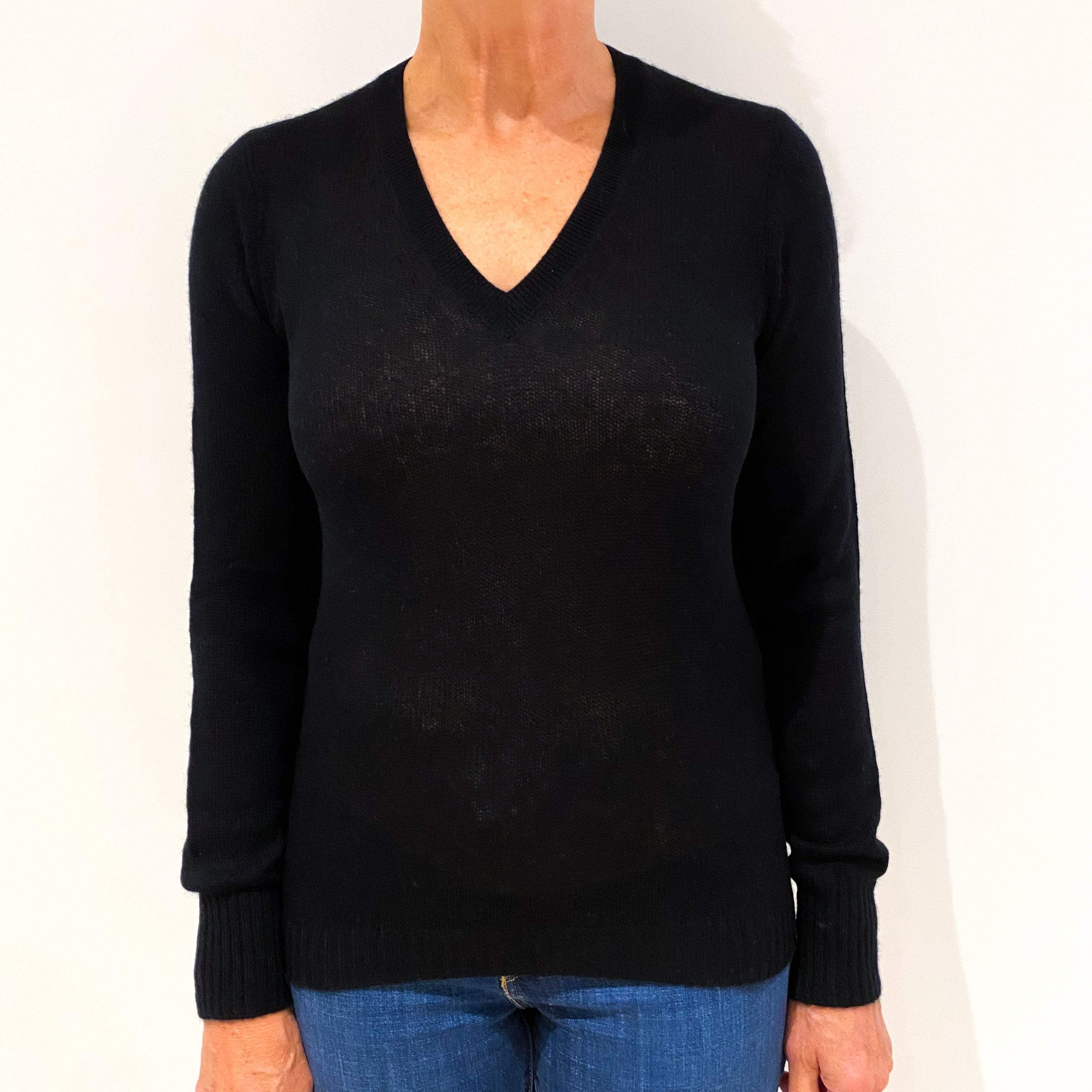 The White Company Black Cashmere V-Neck Jumper Medium
