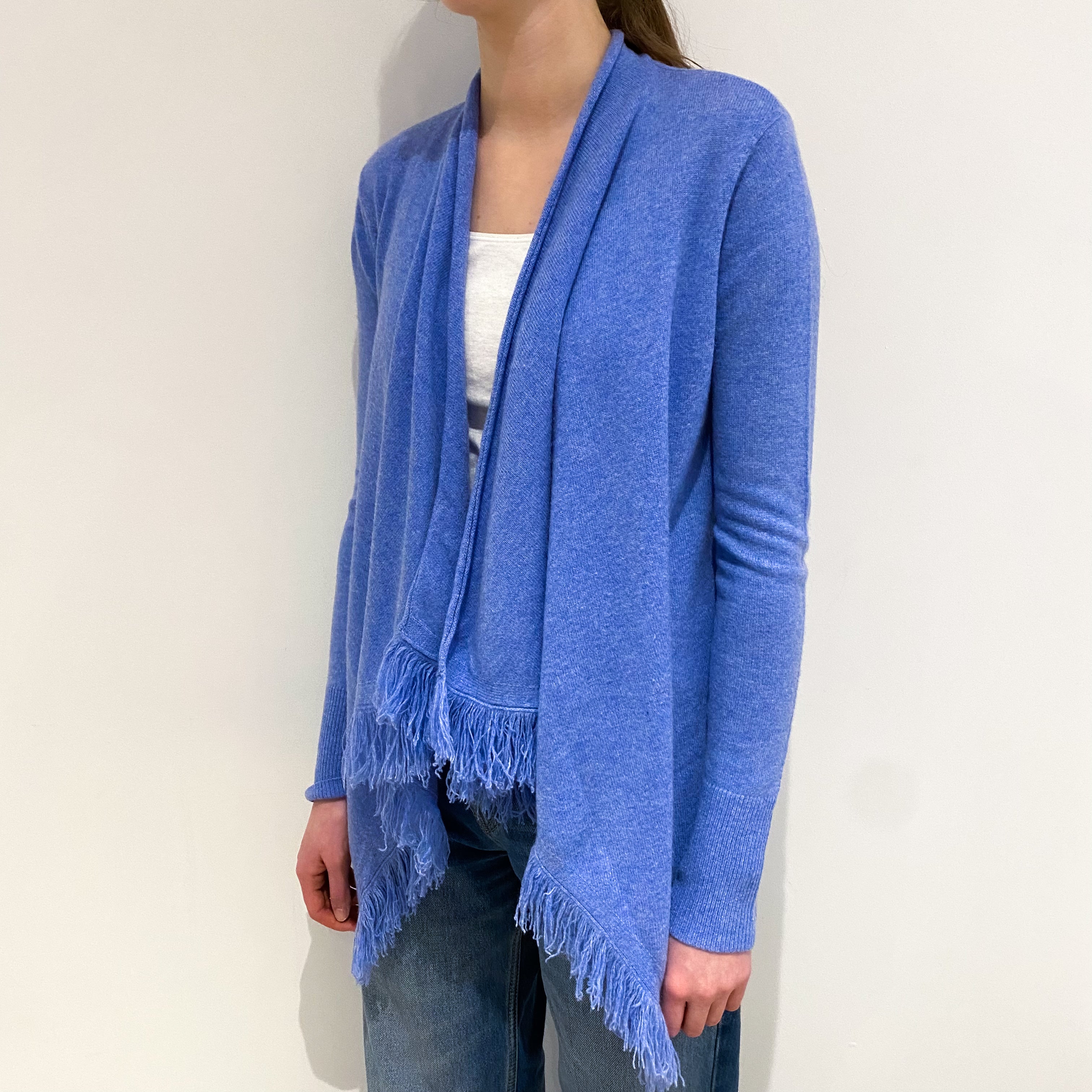 Cornflower Blue Cashmere Fringed Waterfall Cardigan Extra Small