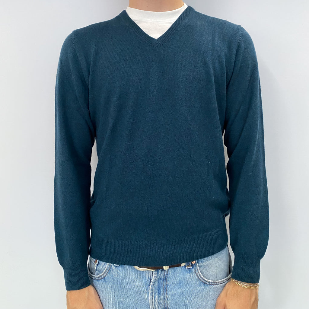 Men's Dark Teal Green Cashmere V Neck Jumper Medium