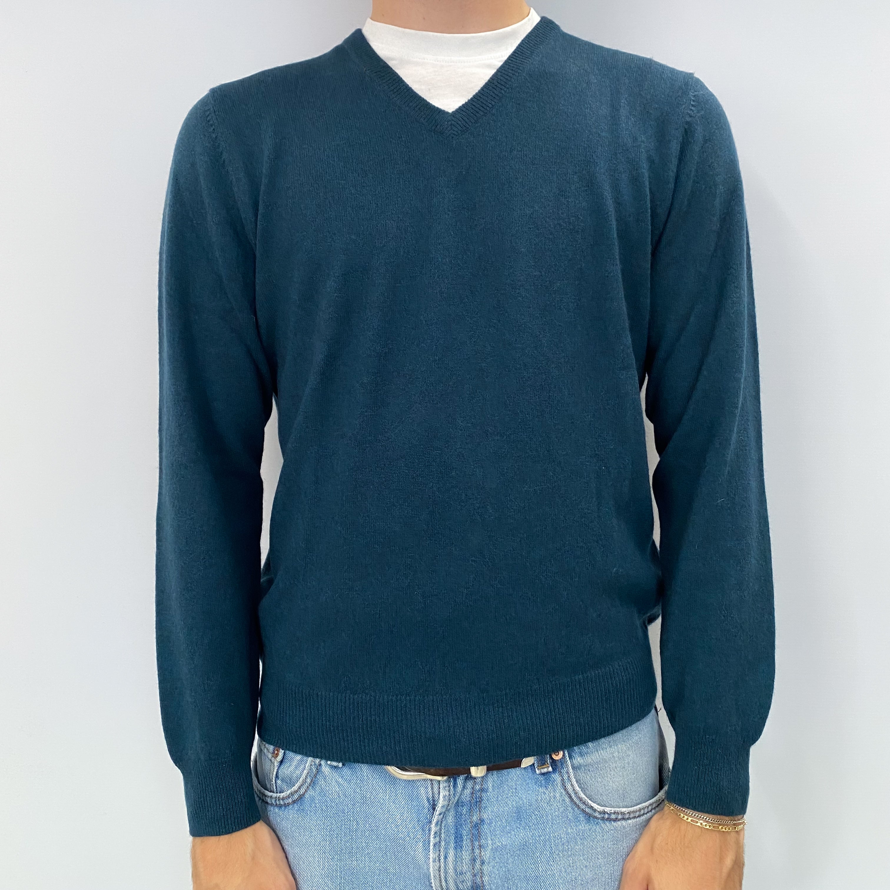 Men's Dark Teal Green Cashmere V Neck Jumper Medium