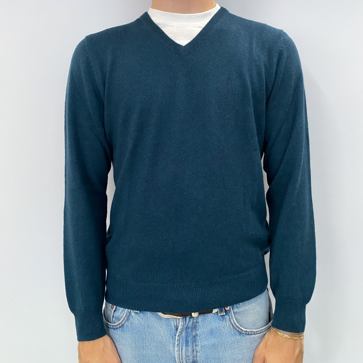 Men's Dark Teal Green Cashmere V Neck Jumper Medium