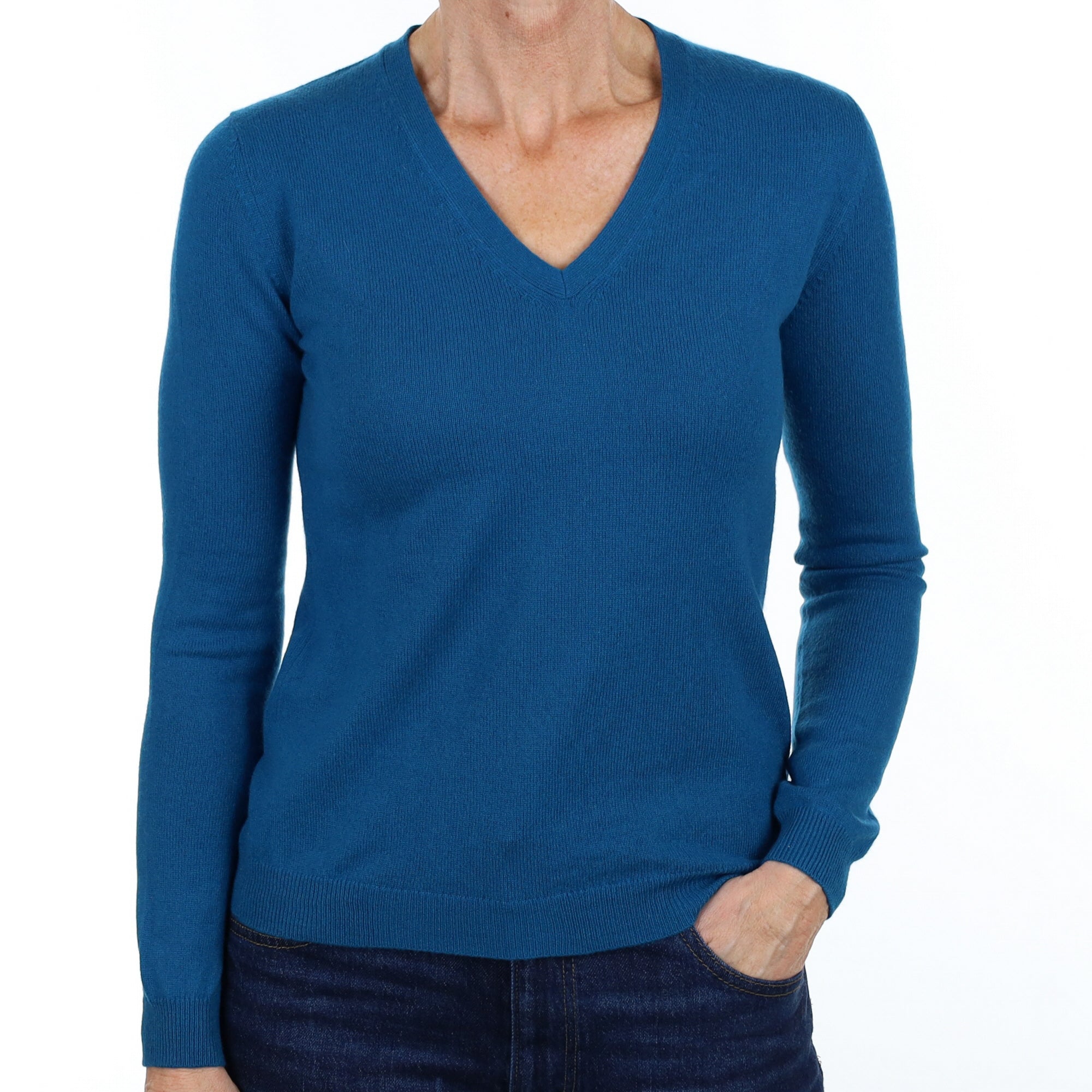 Peacock Blue Cashmere V Neck Jumper Small