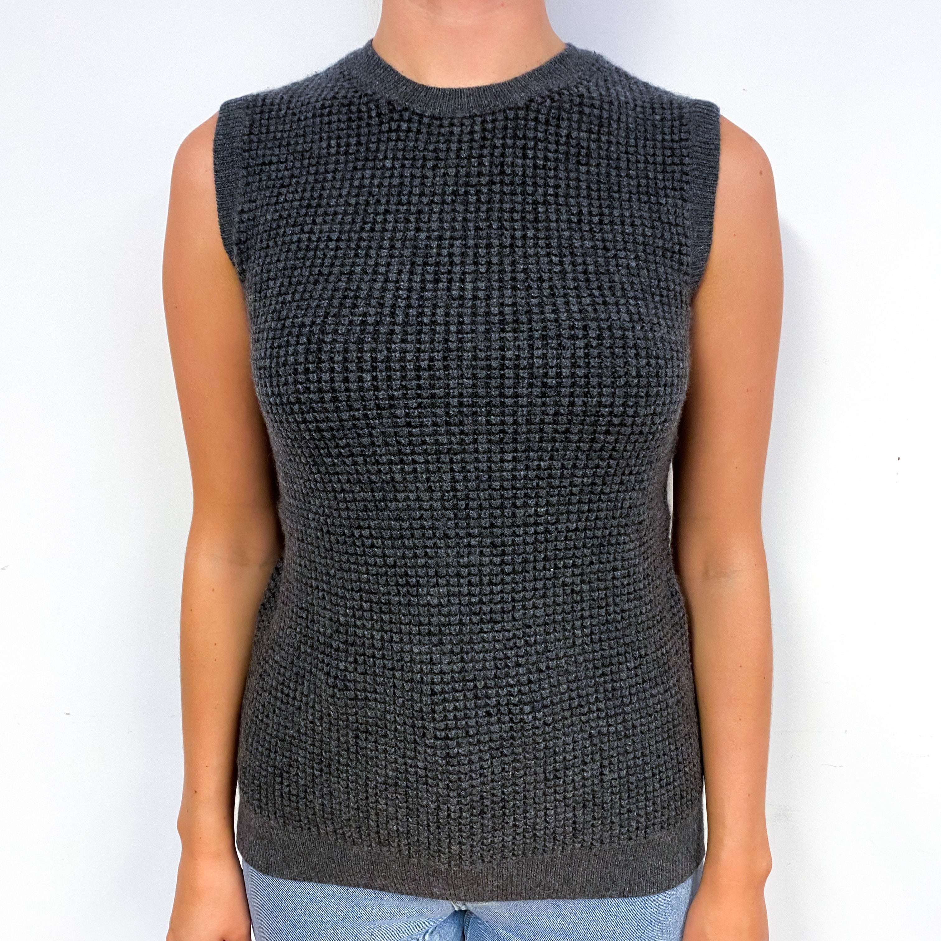 Slate Grey Waffle Cashmere Crew Neck Tank Top Small