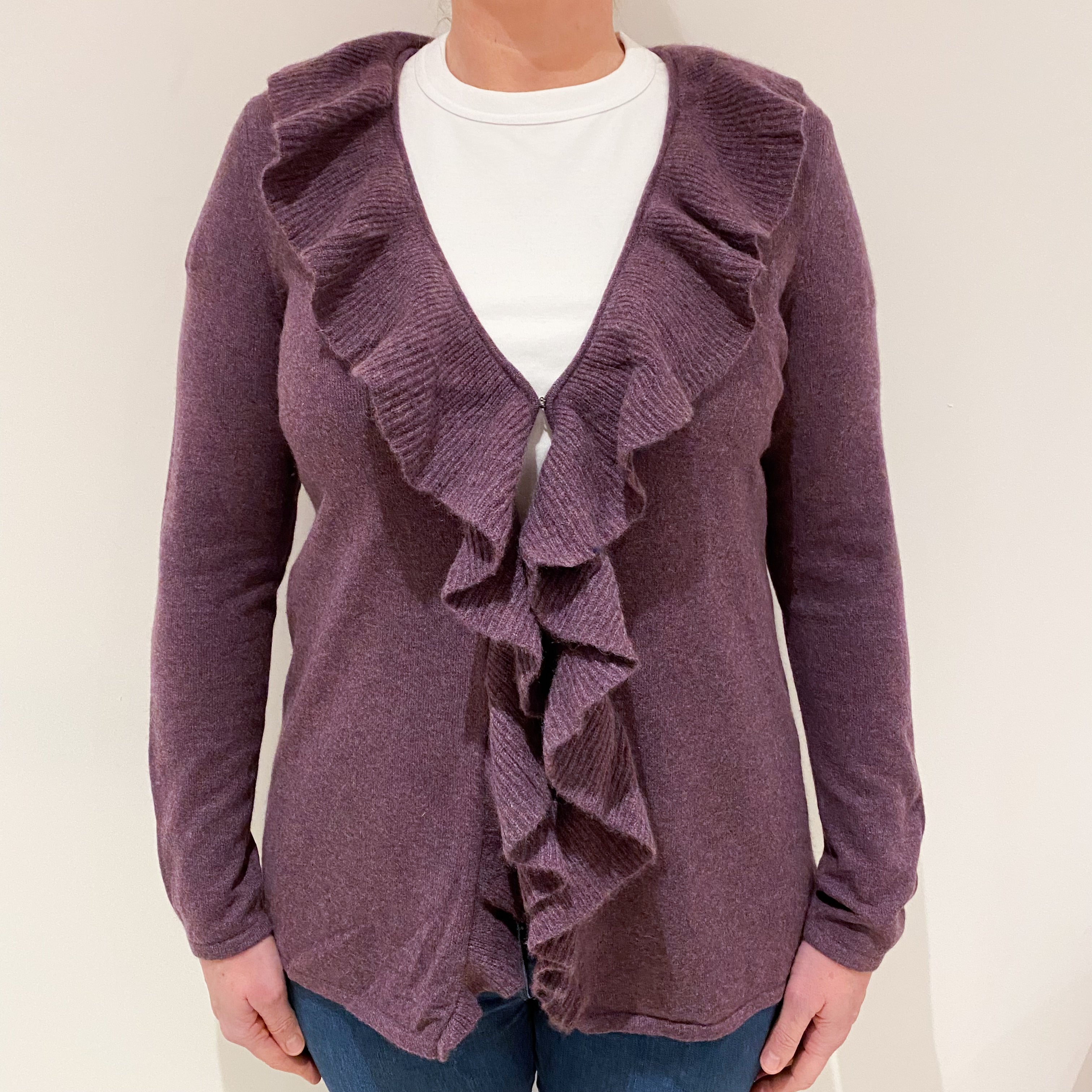 Blueberry Purple Cashmere Frill Trimmed Cardigan Large