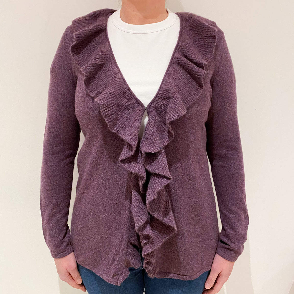 Blueberry Purple Cashmere Frill Trimmed Cardigan Large