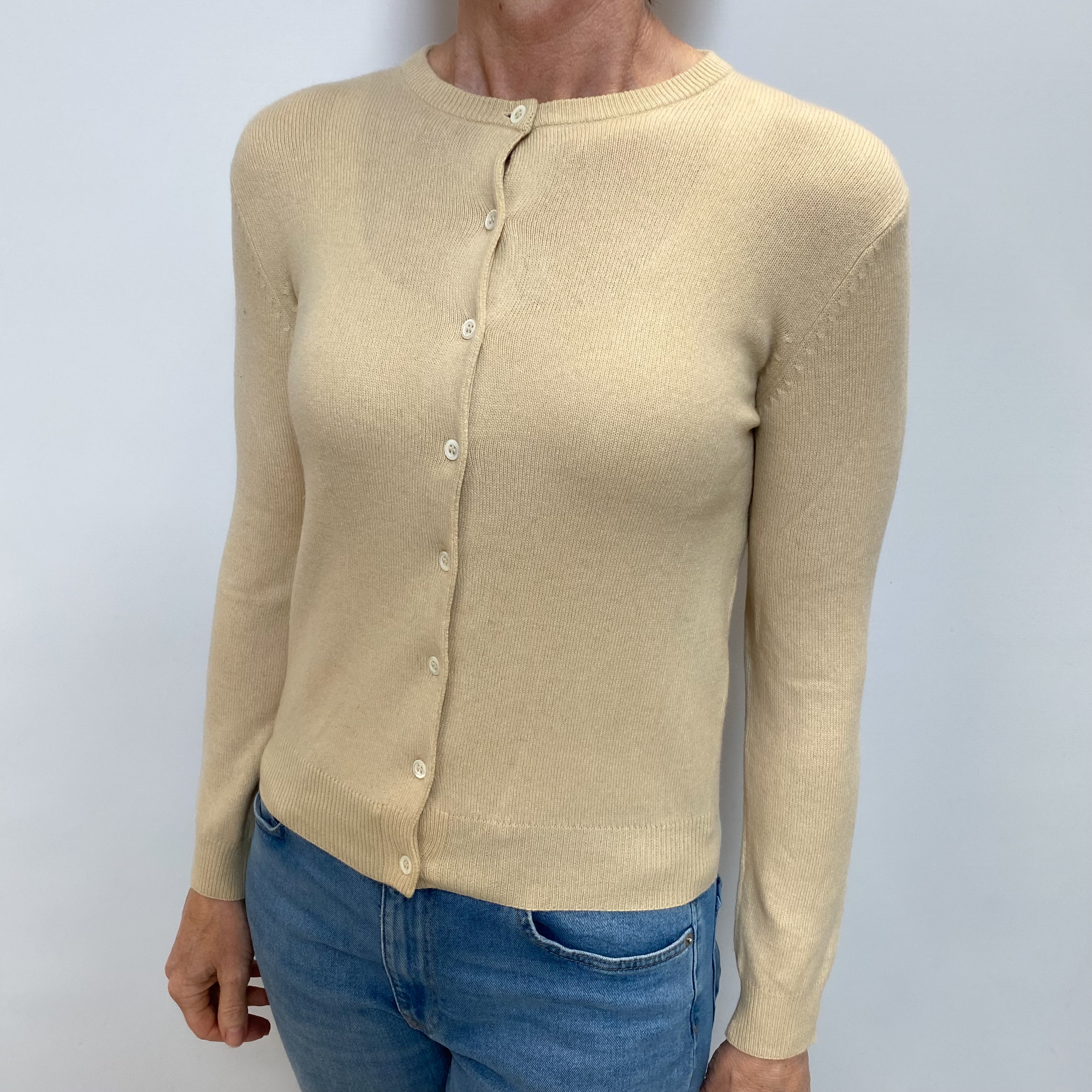Sand Beige Cashmere Crew Neck Cardigan Small