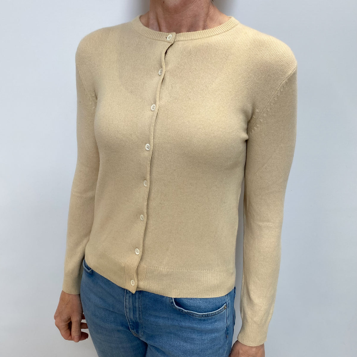 Sand Beige Cashmere Crew Neck Cardigan Small