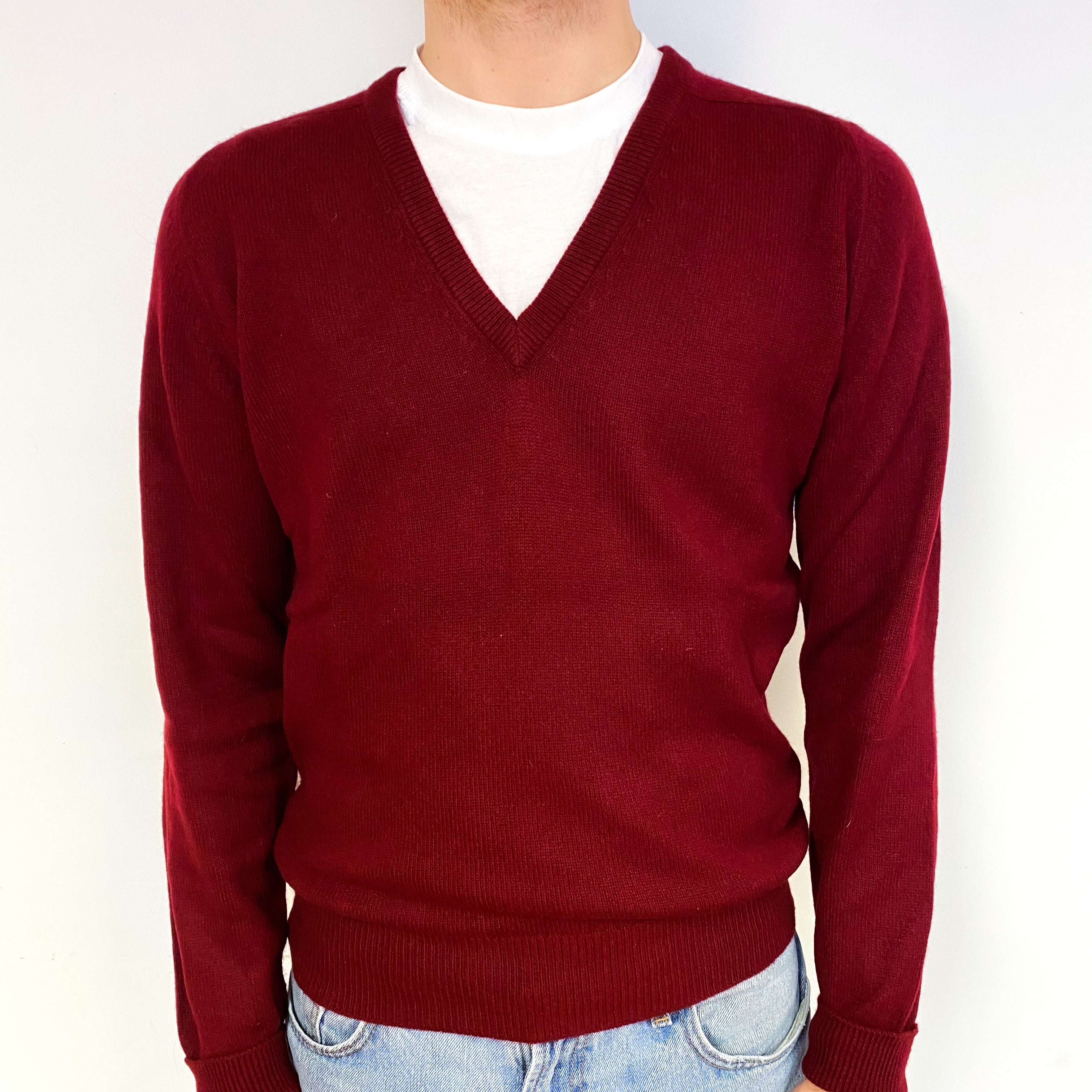 Men's Vintage Burgundy Red Cashmere V-Neck Jumper Medium