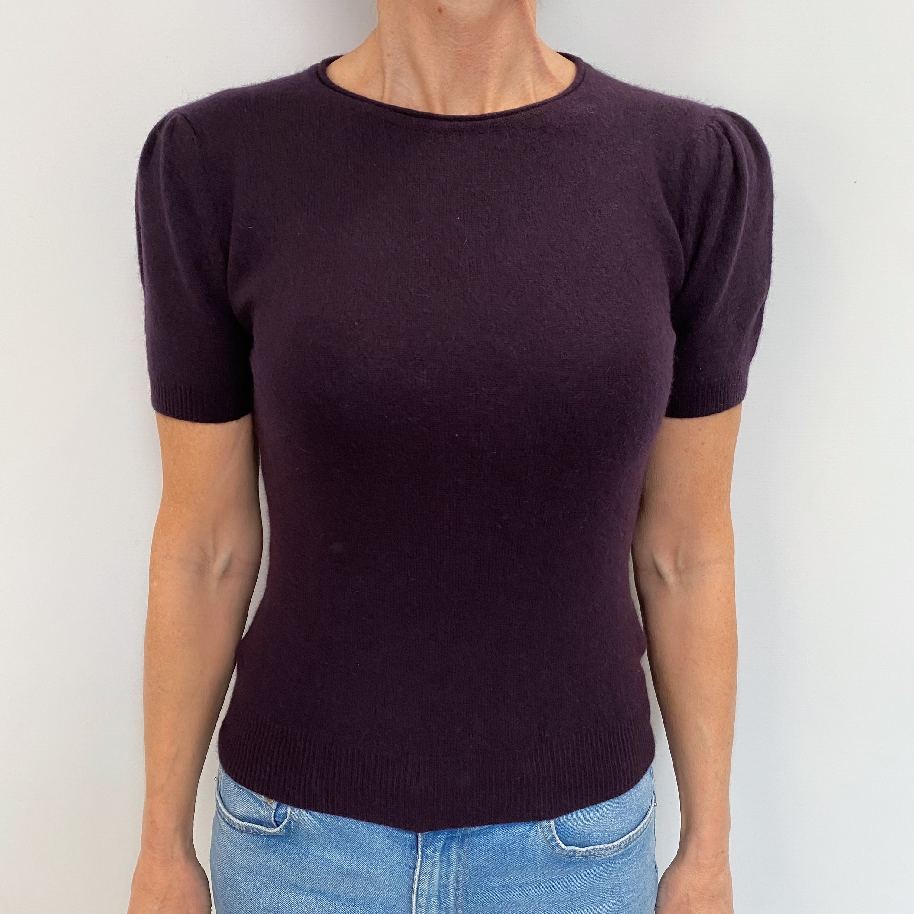 Deep Purple Cashmere Short Sleeved Crew Neck Jumper Small