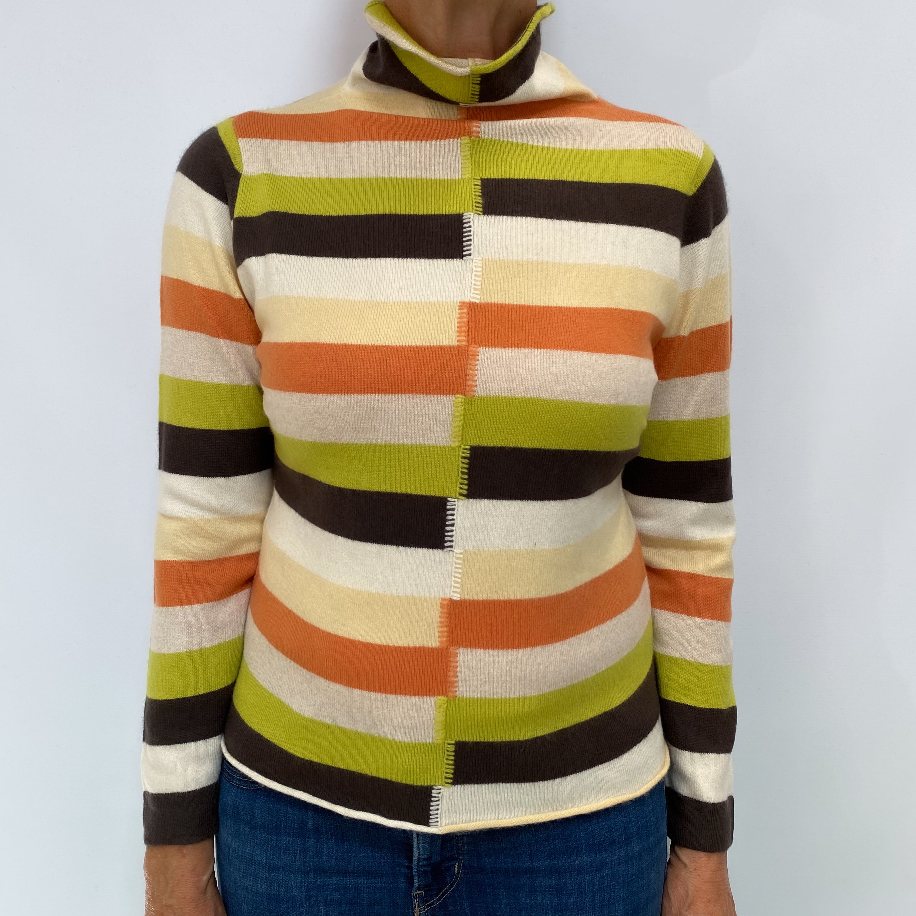Green and Orange Colourblock Cashmere Funnel Neck Jumper Medium