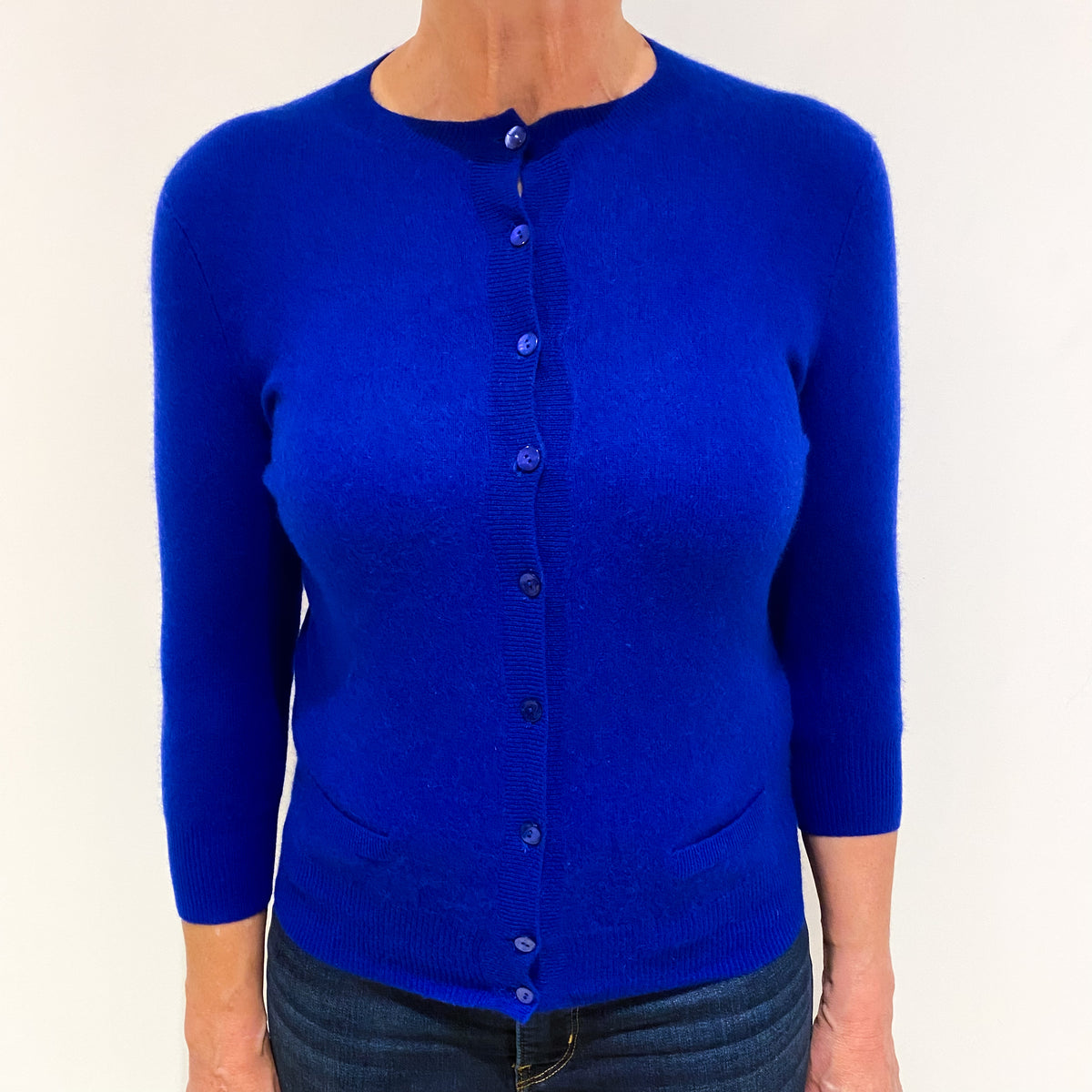 Deep Electric Blue Cashmere Crew Neck Cardigan Medium