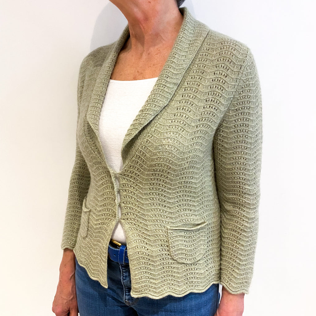 Sea Green Cashmere Shawl Collar Lace Knit Cardigan Medium
