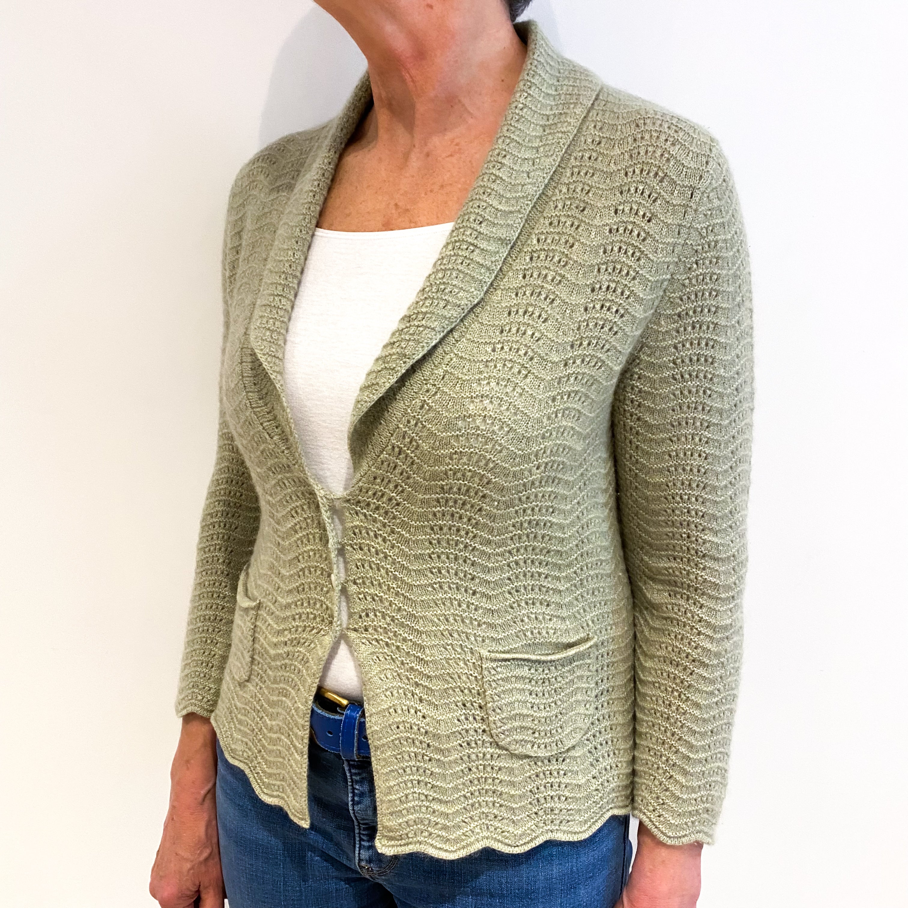 Sea Green Cashmere Shawl Collar Lace Knit Cardigan Medium