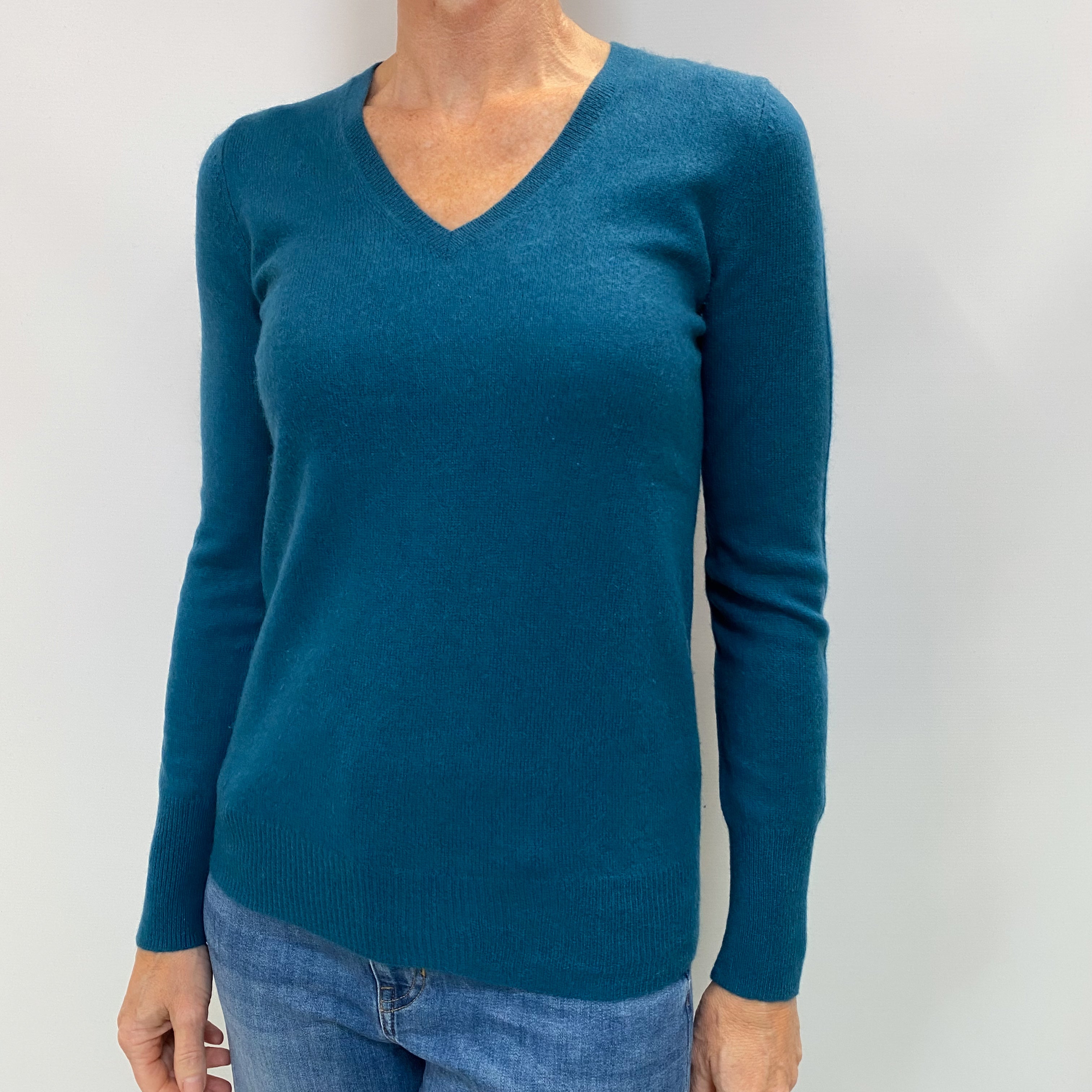 Teal Blue Cashmere V Neck Jumper Small