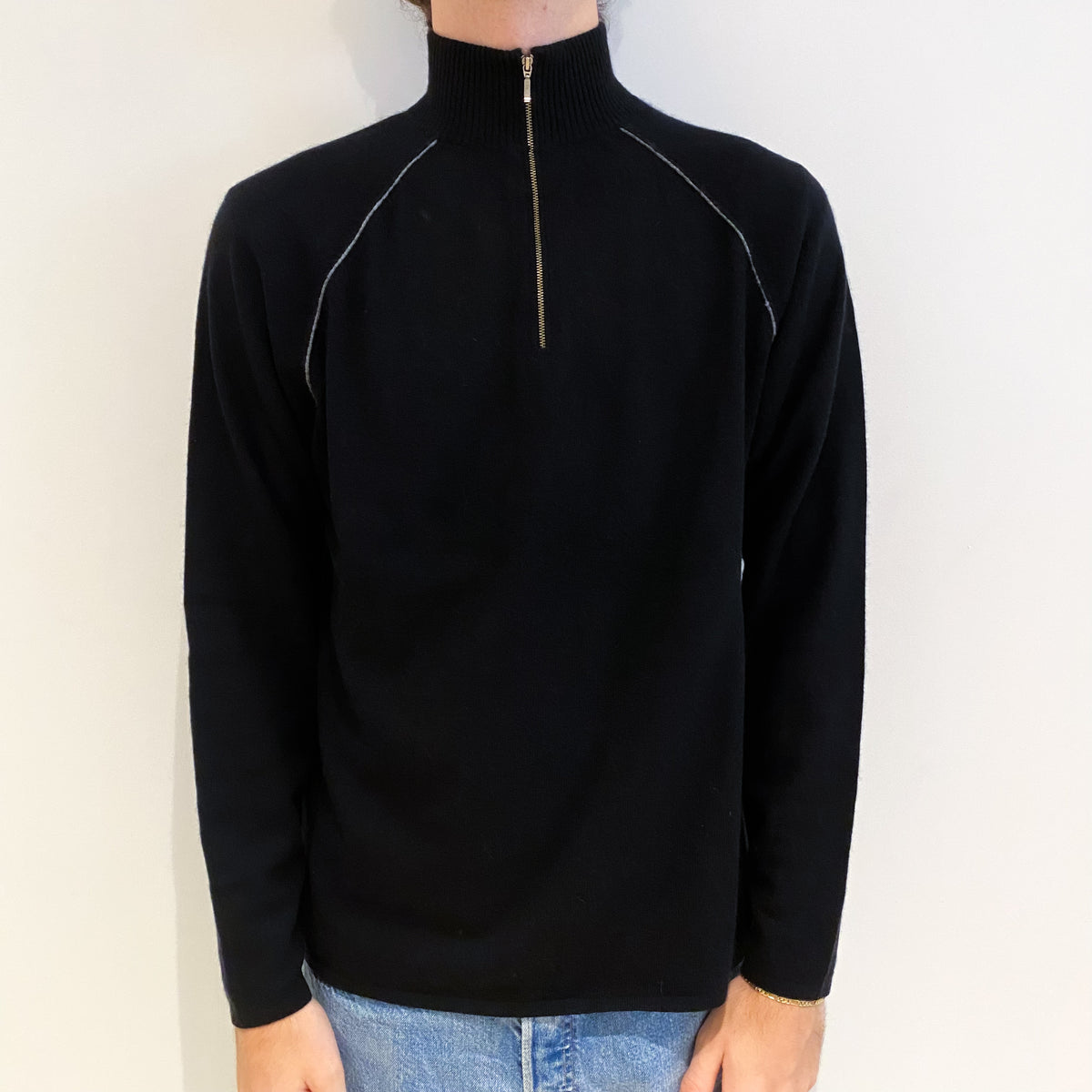 Men's Black Grey Trim Cashmere 1/4 Zip Jumper Large