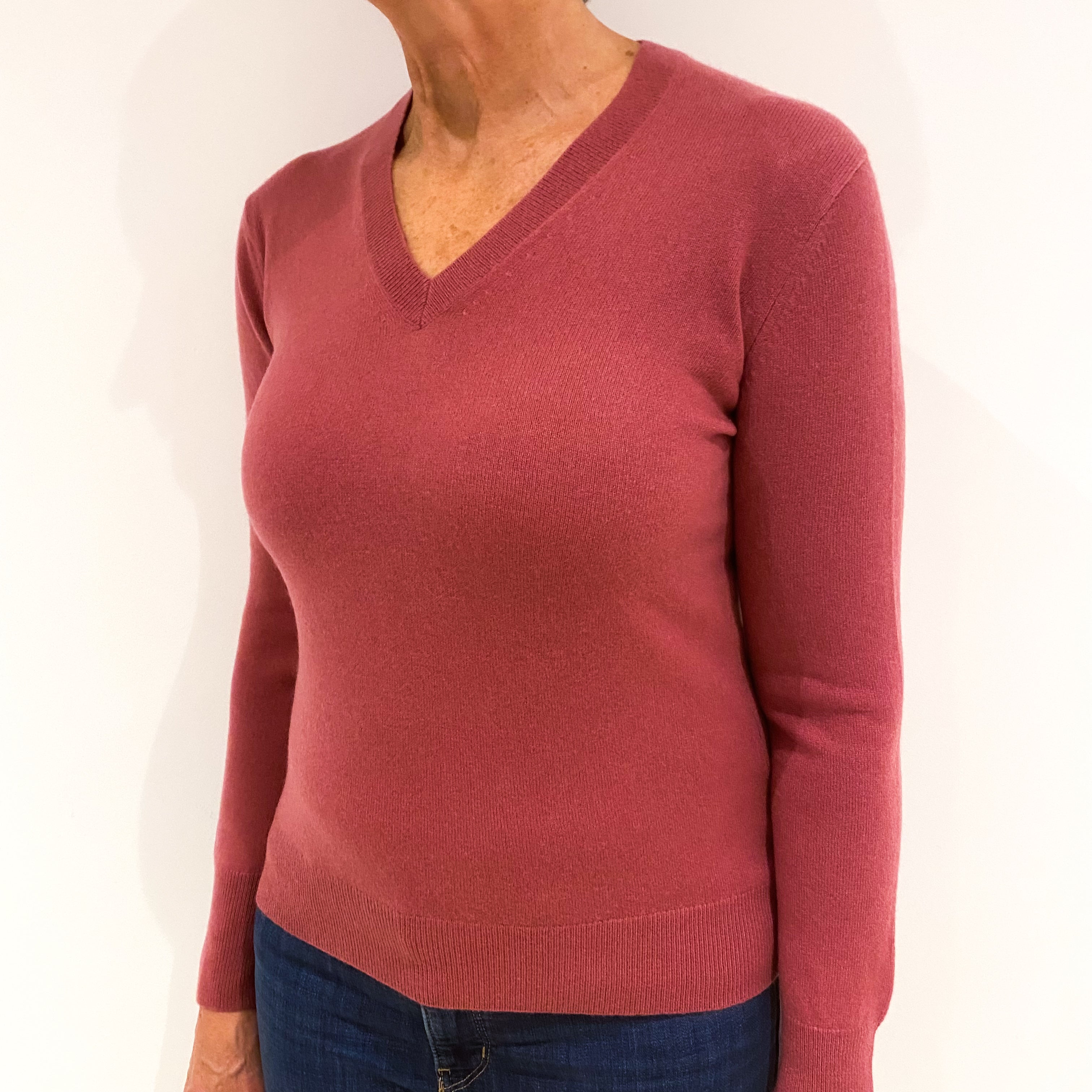 Loganberry Pink Cashmere V-Neck Jumper Medium