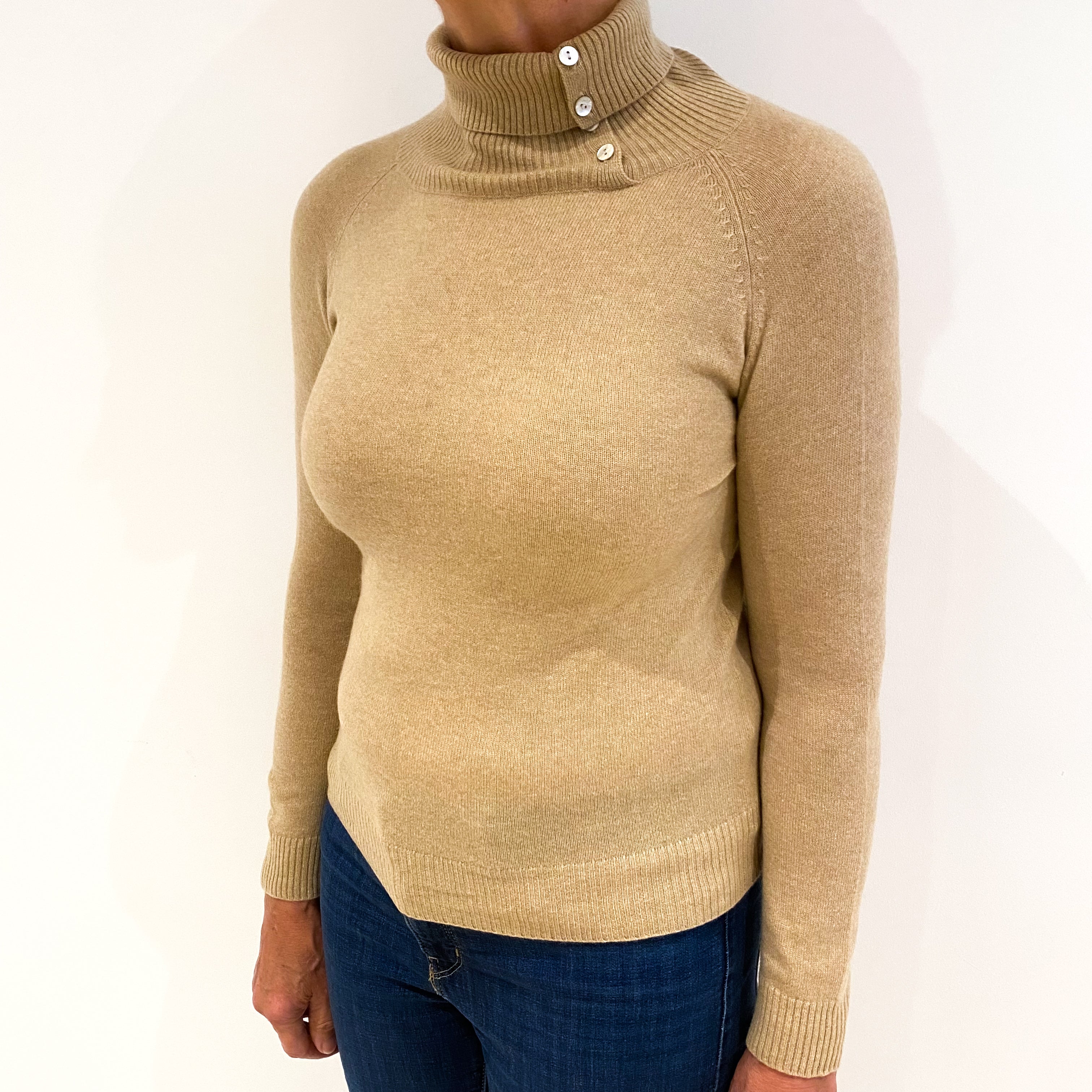 Sand Brown Cashmere Polo Neck Jumper Medium