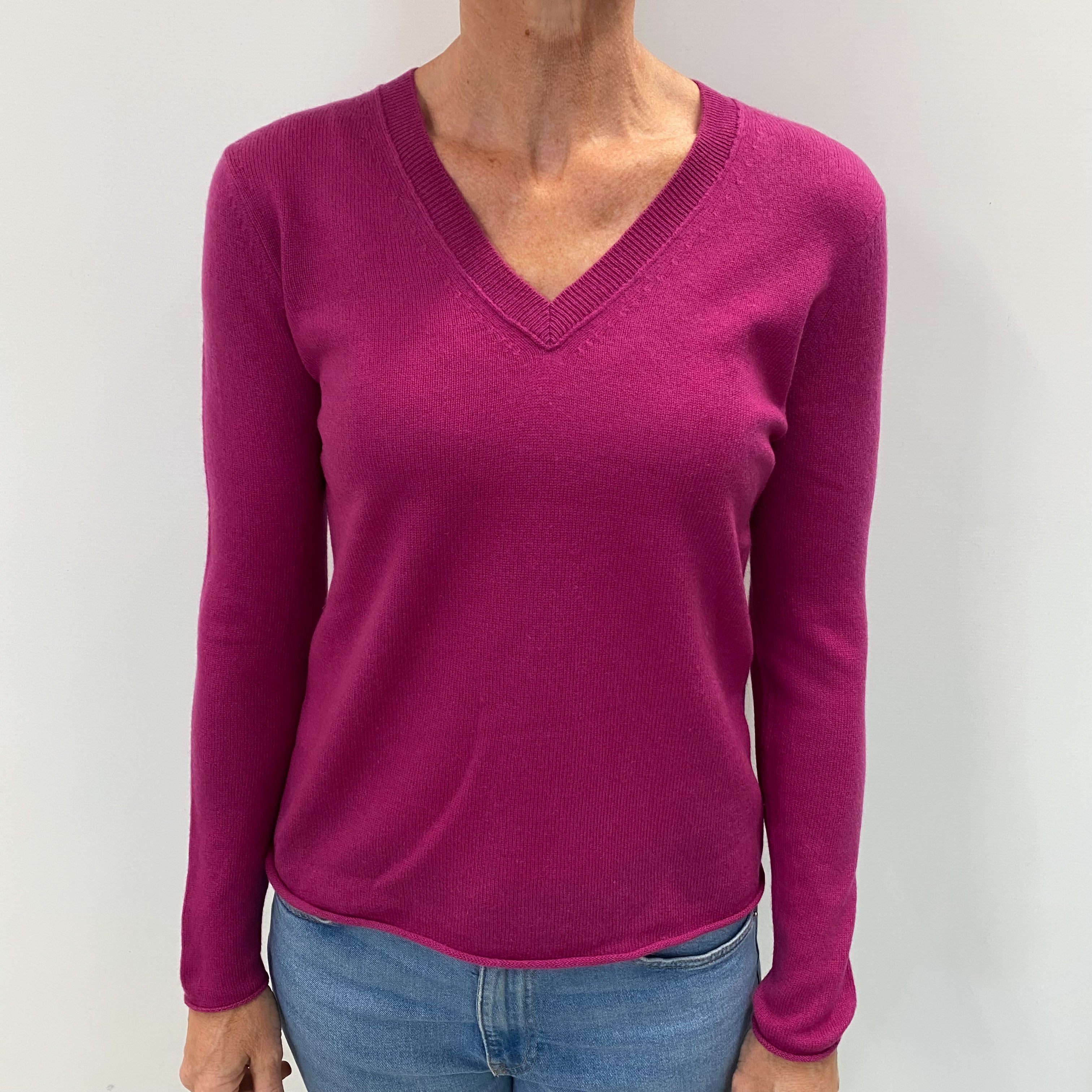 Magenta Pink Cashmere V Neck Jumper Small