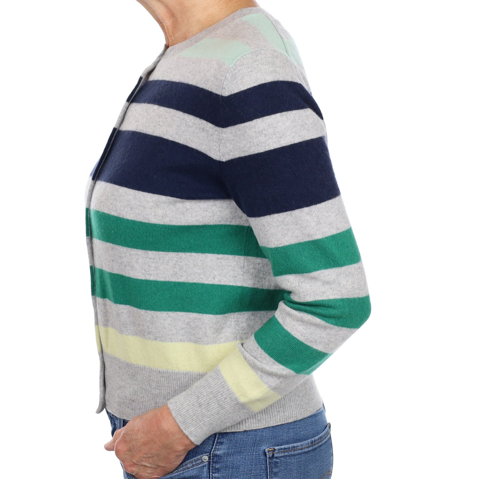 Smoke Grey Stripe Cashmere Crew Neck Cardigan Medium