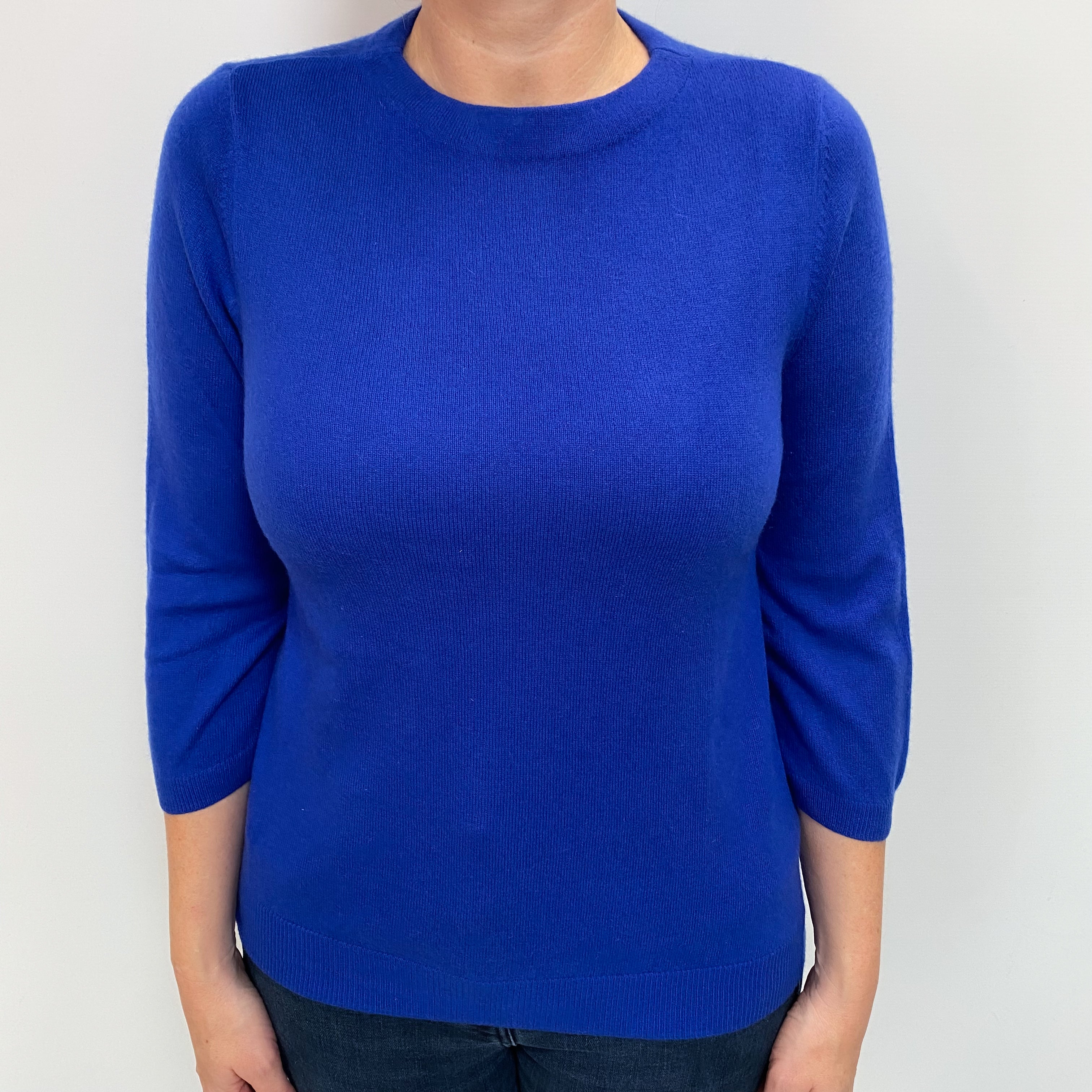 Cobalt Blue Cashmere 3/4 Sleeve Crew Neck Jumper Large