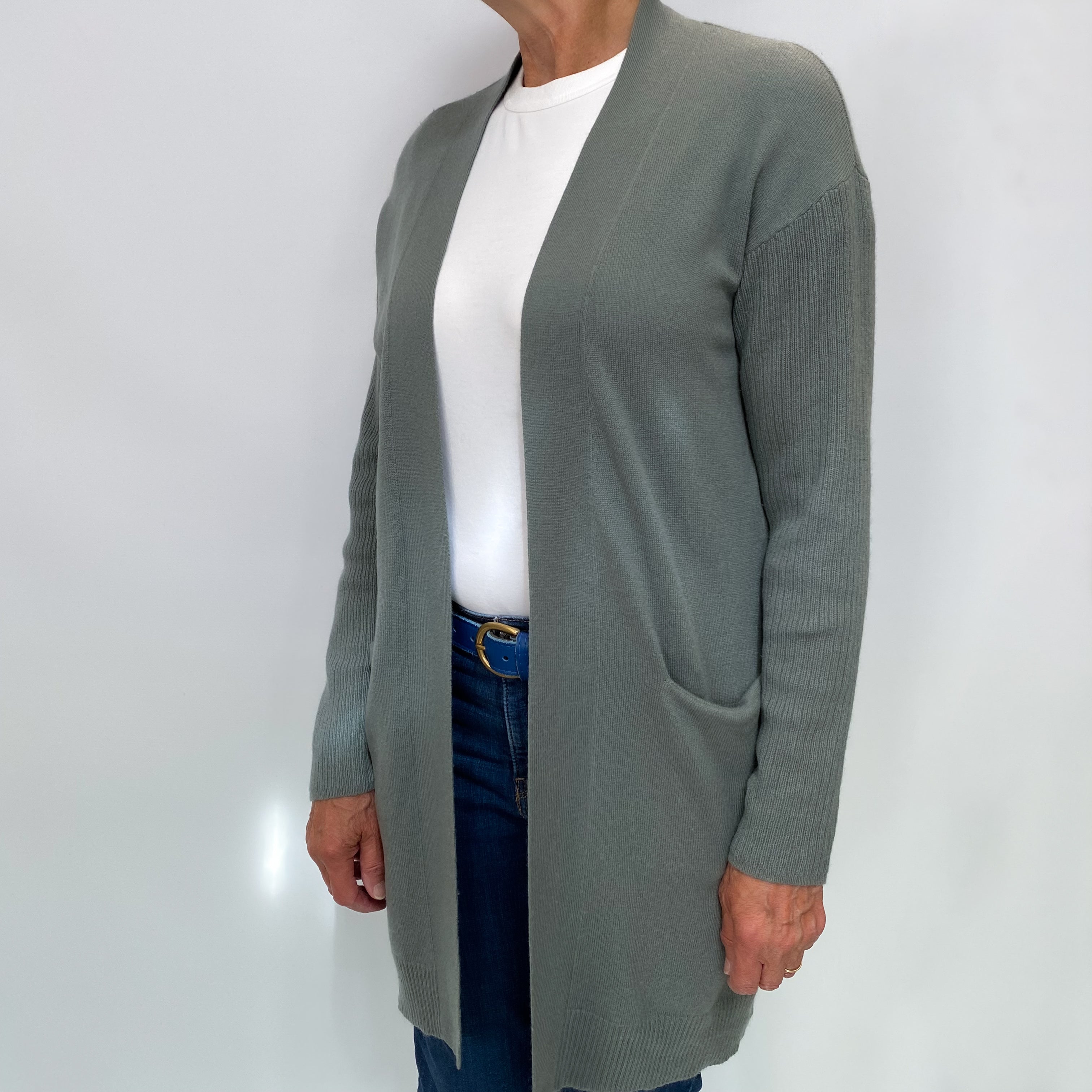 Theory Stone Green Edge to Edge Cashmere Cardigan Medium