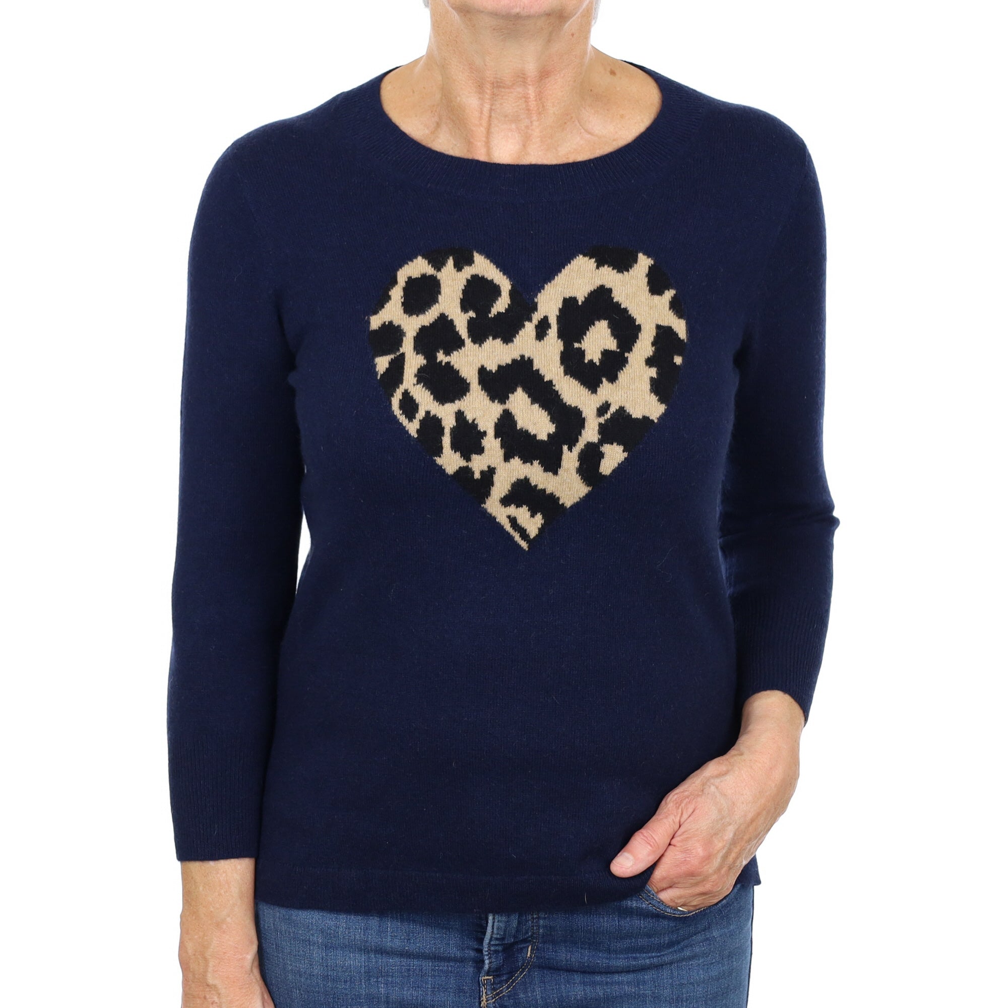 Navy Animal Print Heart Cashmere Crew Neck Jumper Medium