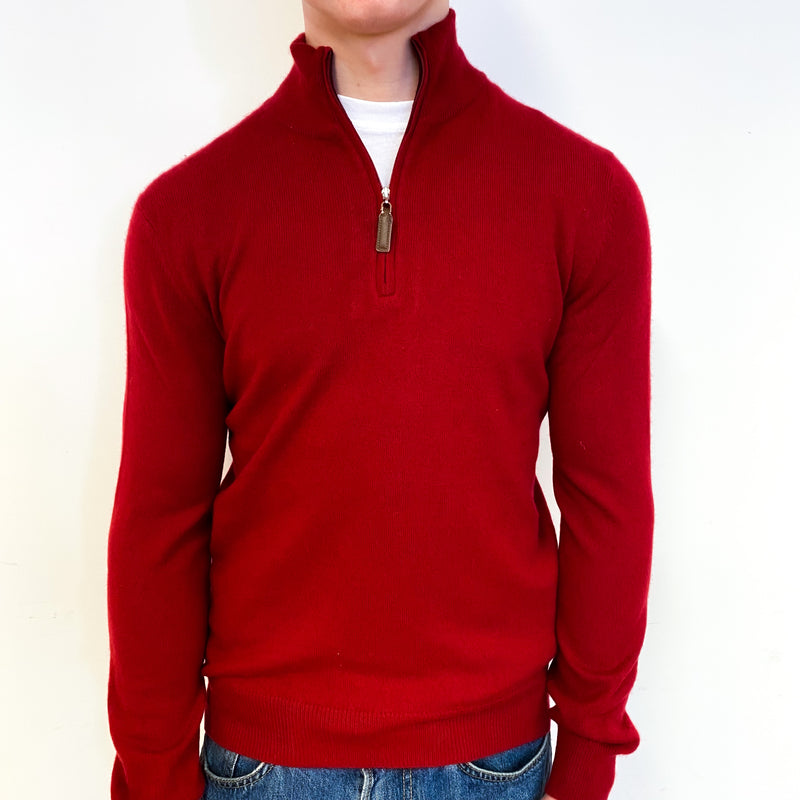 Men's Crimson Red Cashmere 1/4 Zip Jumper Small