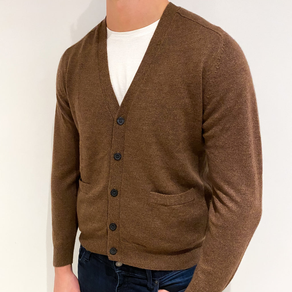 Men's Russet Brown Cashmere V Neck Cardigan XL