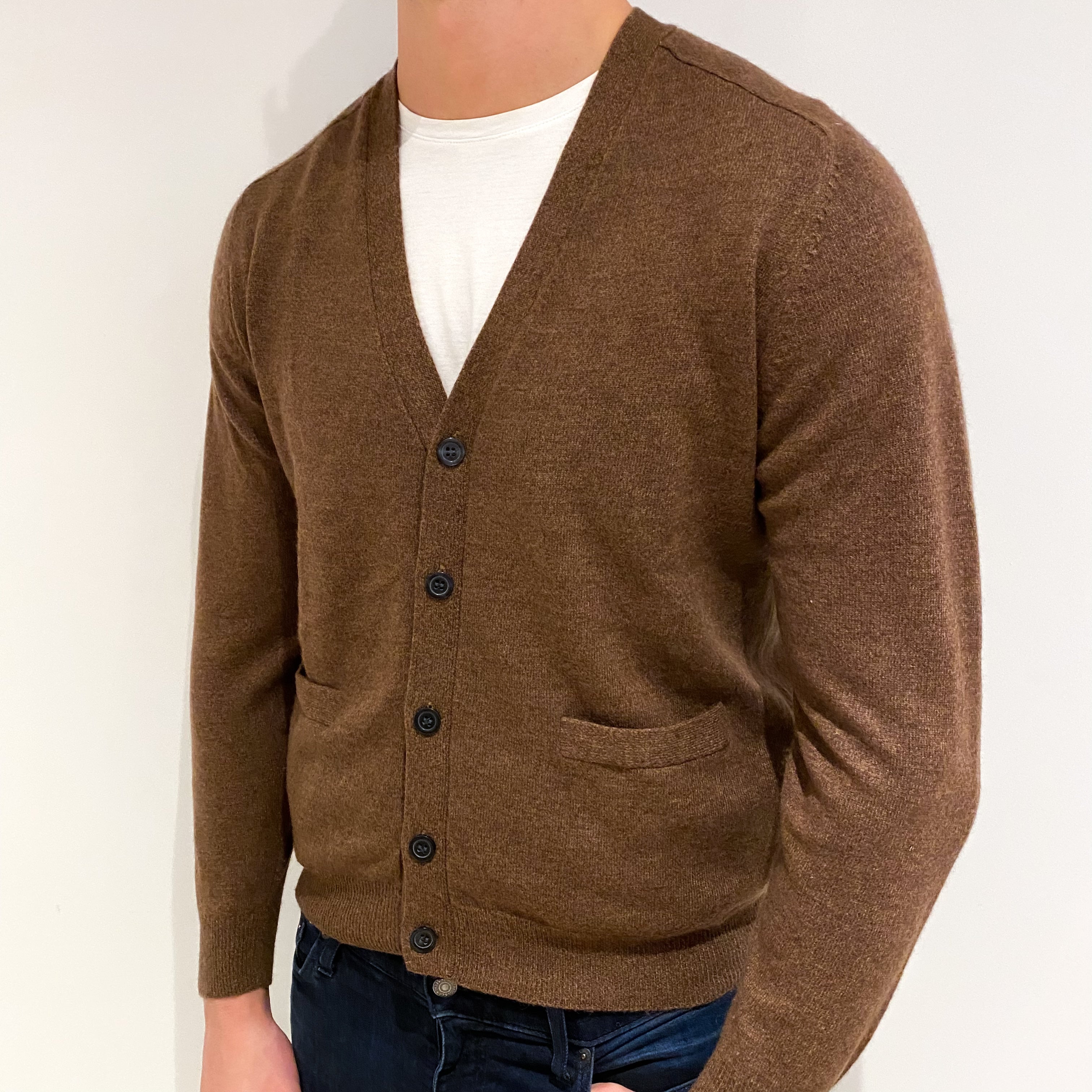 Men's Russet Brown Cashmere V Neck Cardigan XL