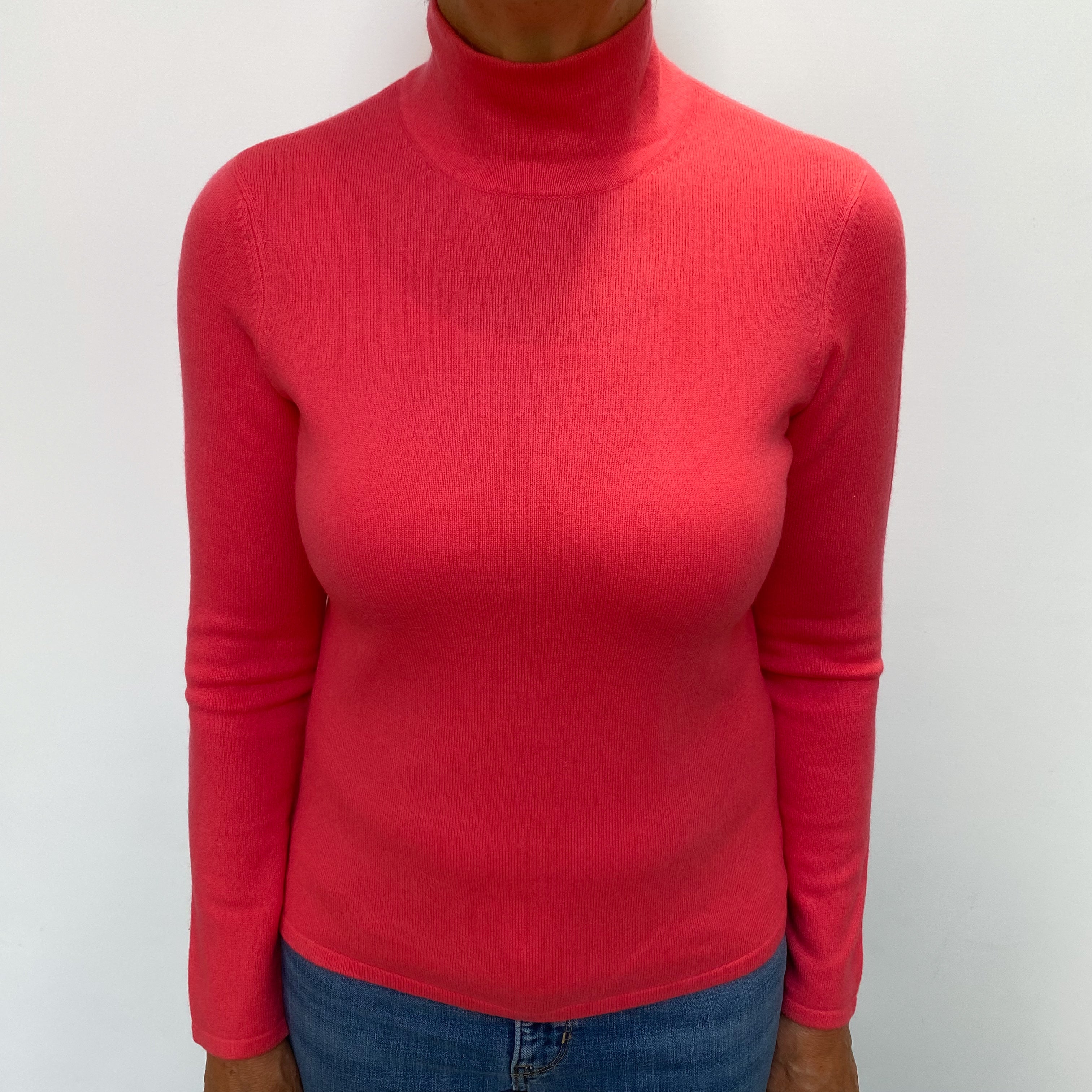 Deep Coral Pink Cashmere Polo Neck Jumper Medium