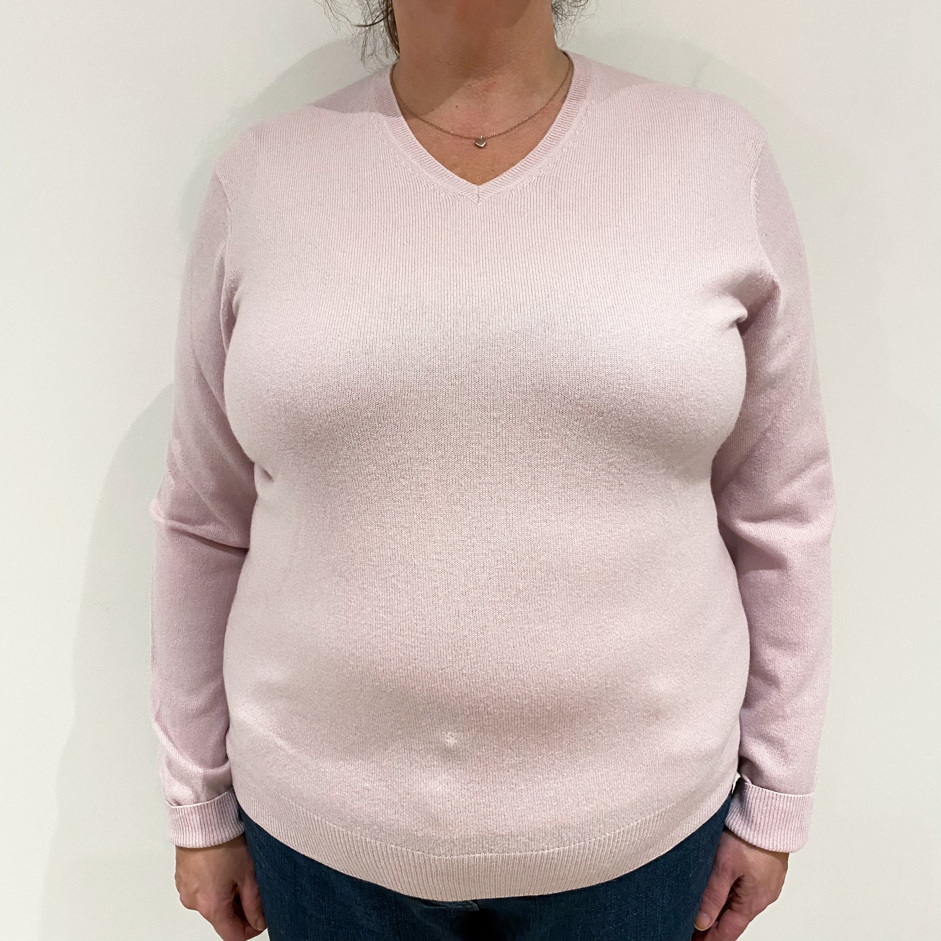 Pale Mauve Pink Cashmere V-Neck Jumper Extra Large