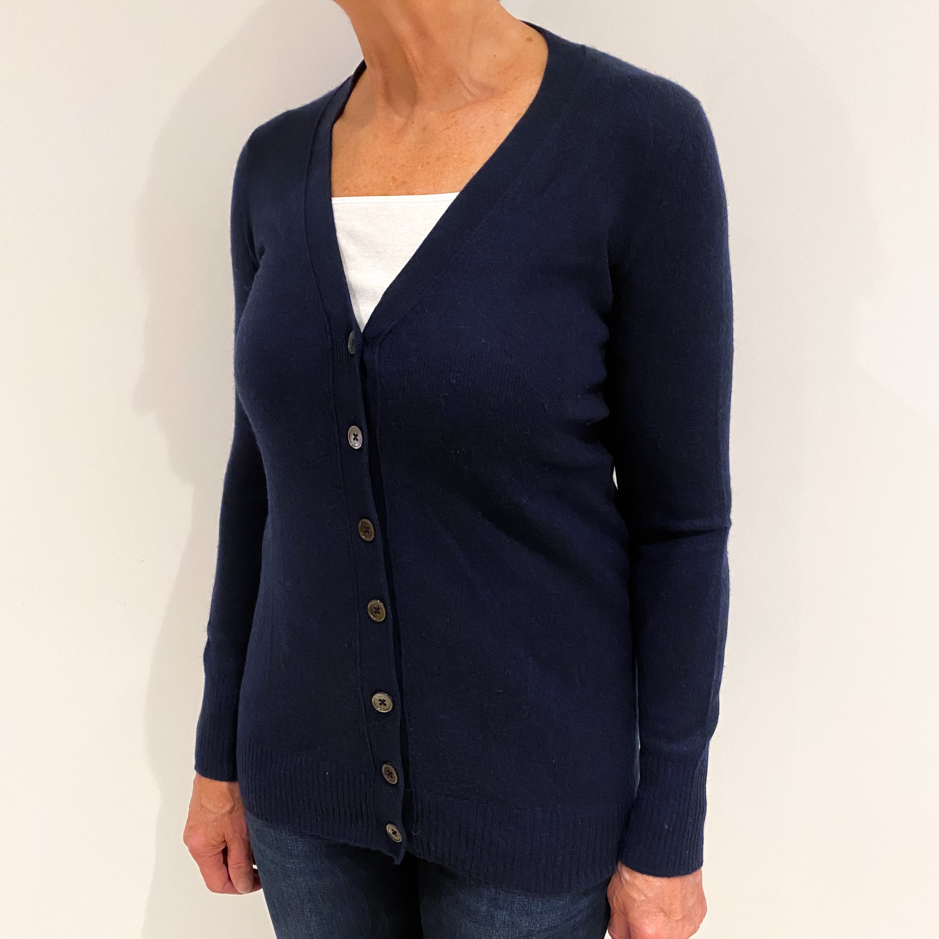Navy Blue Cashmere V Neck Cardigan Medium