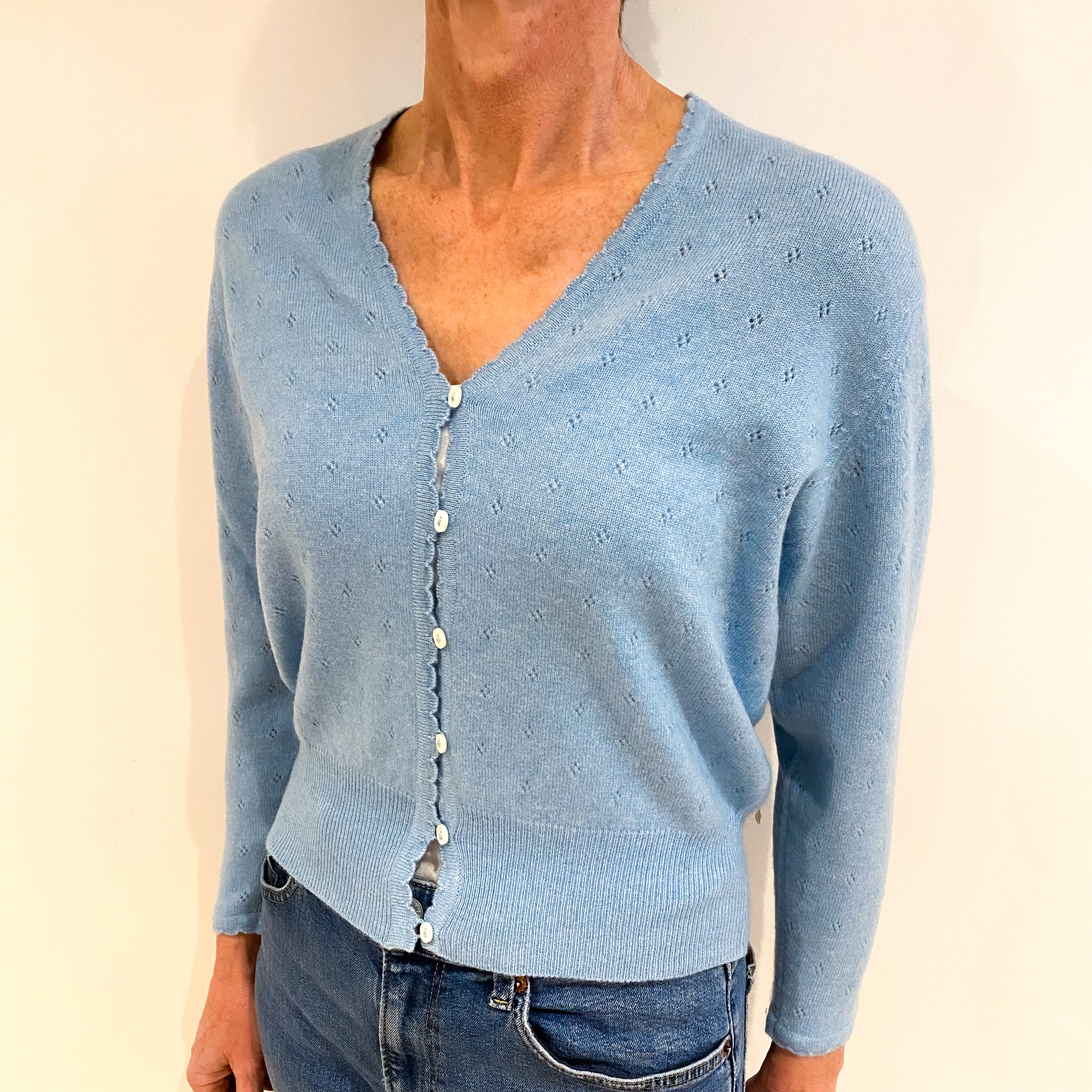Brora Pastel Blue Cashmere V Neck Pointelle Knit Cardigan Small