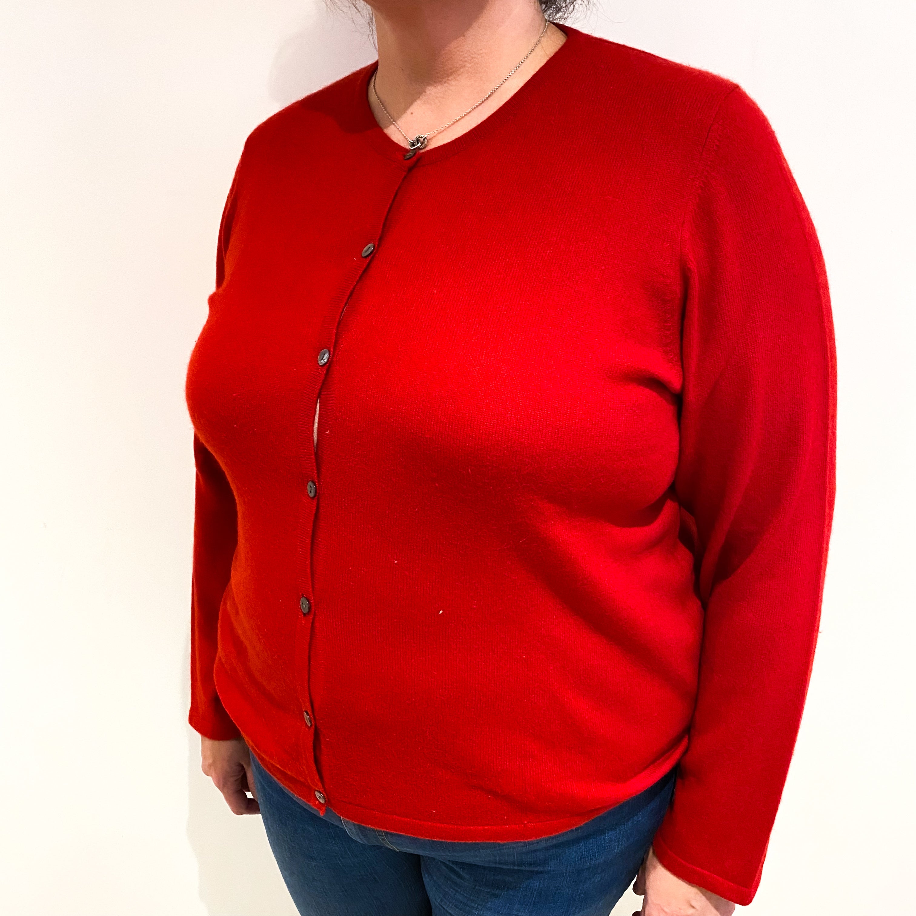 Scarlet Red Cashmere Crew Neck Cardigan Extra Large