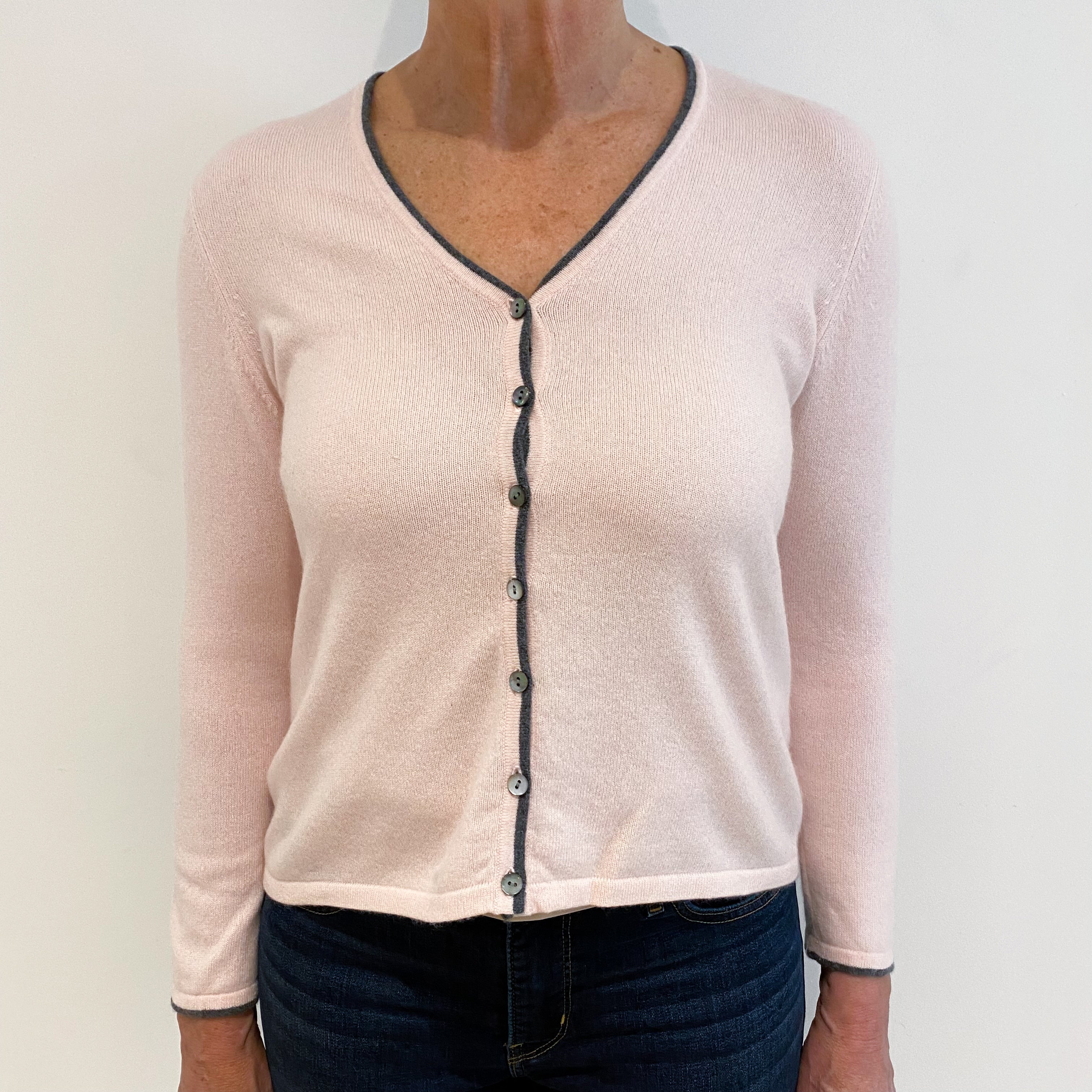 Shell Pink Grey Trim Cashmere V-Neck Cardigan Medium