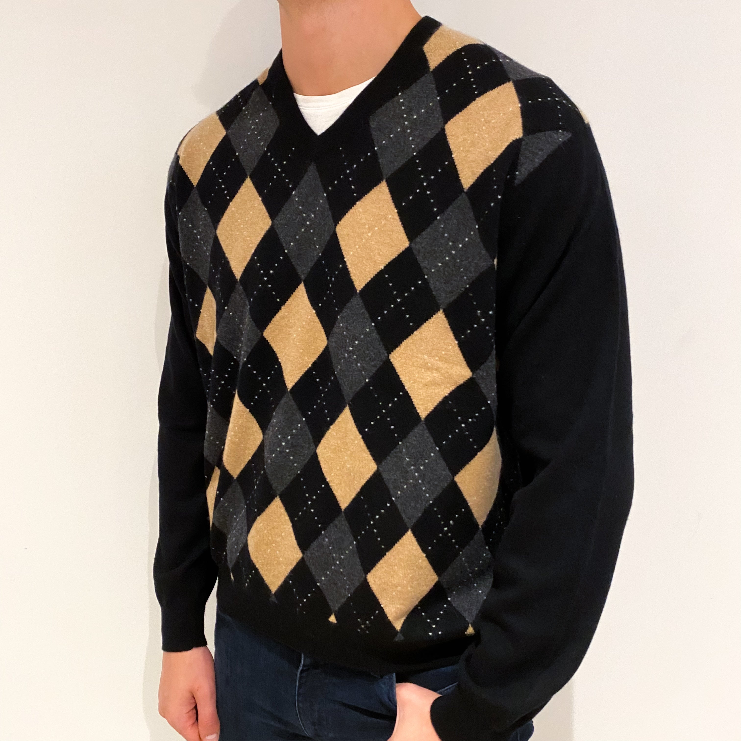 Men's Black Caramel Diamond Cashmere V-Neck Jumper Extra Extra Large