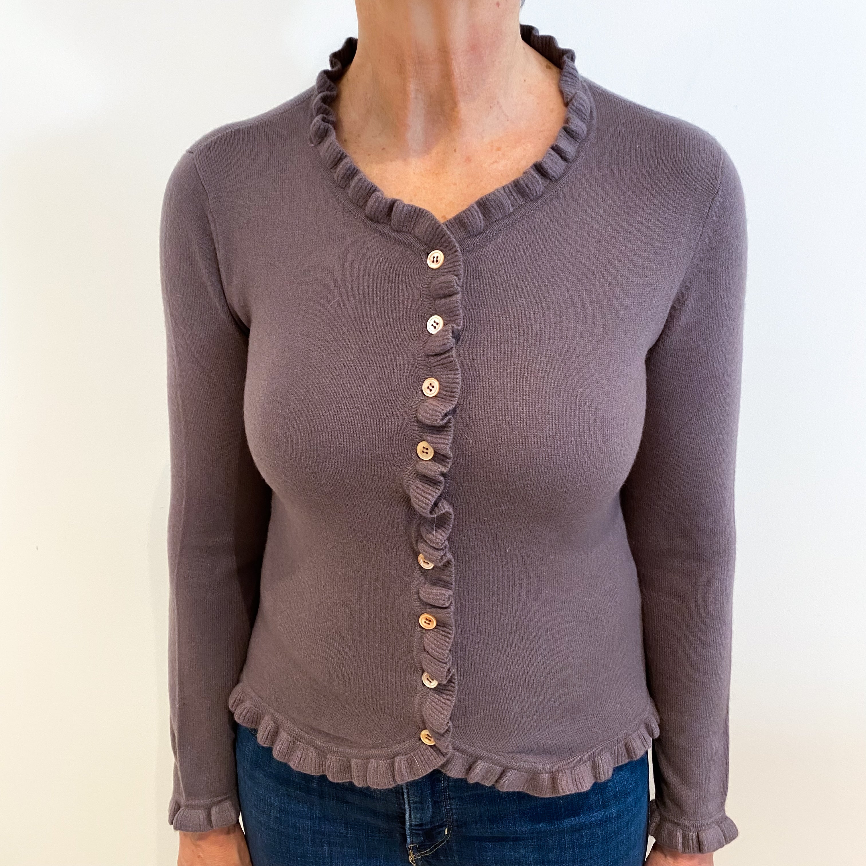Mushroom Brown Cashmere V Neck Ruffle Edge Trim Cardigan Medium