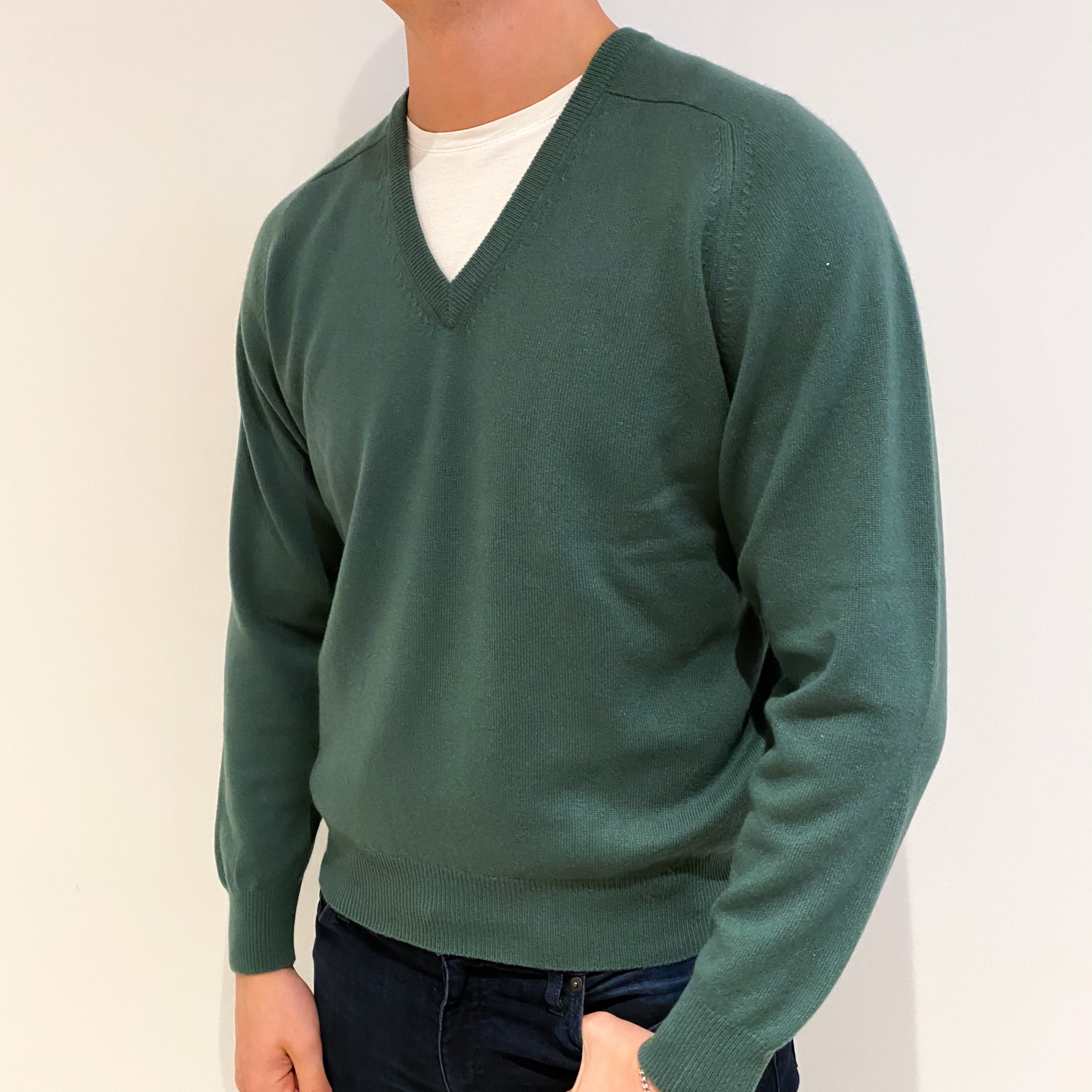 Men's Viridian Green Cashmere V Neck Jumper XL