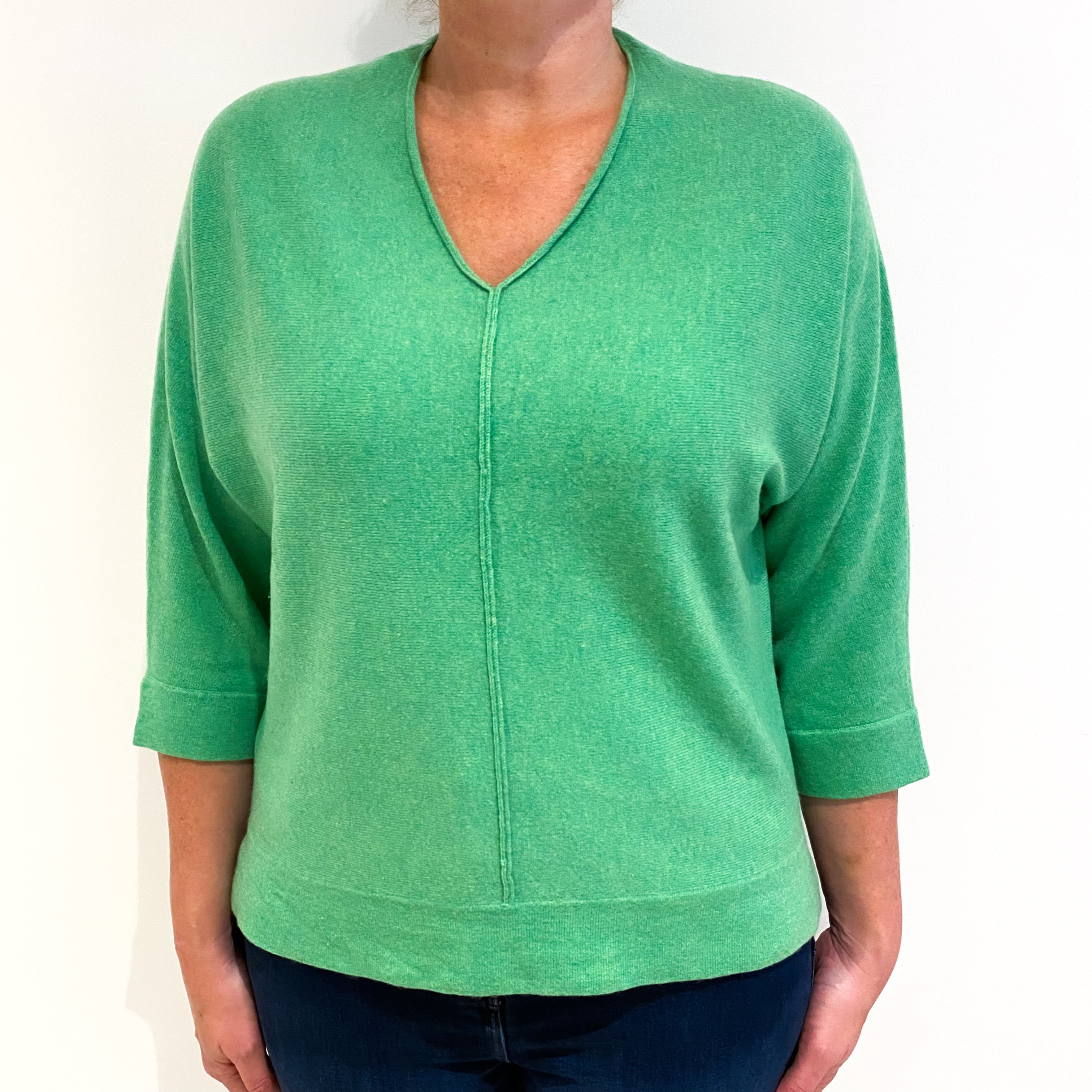 Pea Green Batwing Cashmere V-Neck Jumper Large