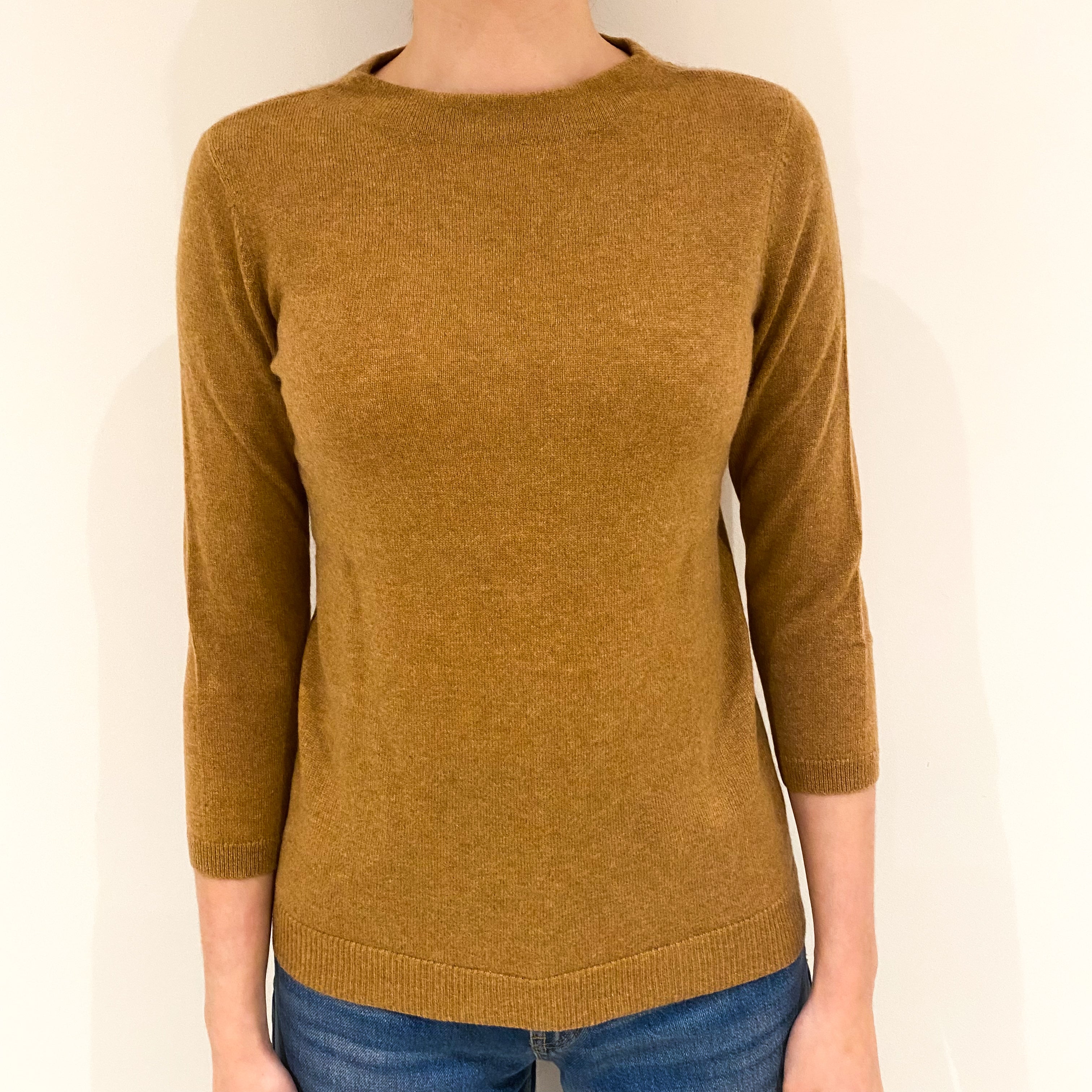 Caramel Brown 3/4 Sleeve Cashmere Crew Neck Jumper Extra Small