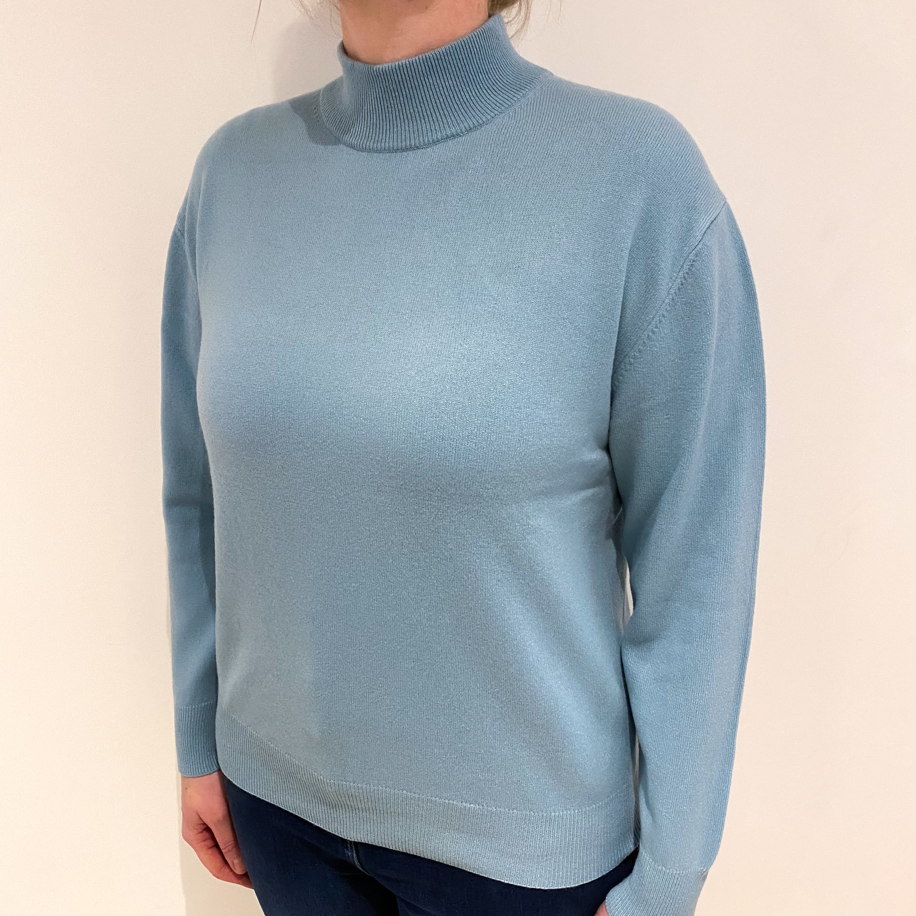 Duck Egg Blue Cashmere Turtle Neck Jumper Large